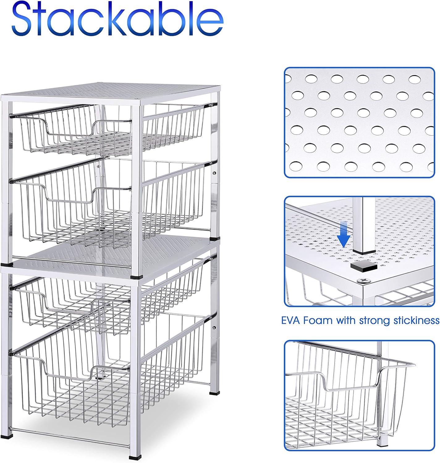 Simple Trending 2-Tier Under Sink Cabinet Organizer with Sliding Storage Drawer, Desktop Organizer for Kitchen Bathroom Office, Stackable, Chrome