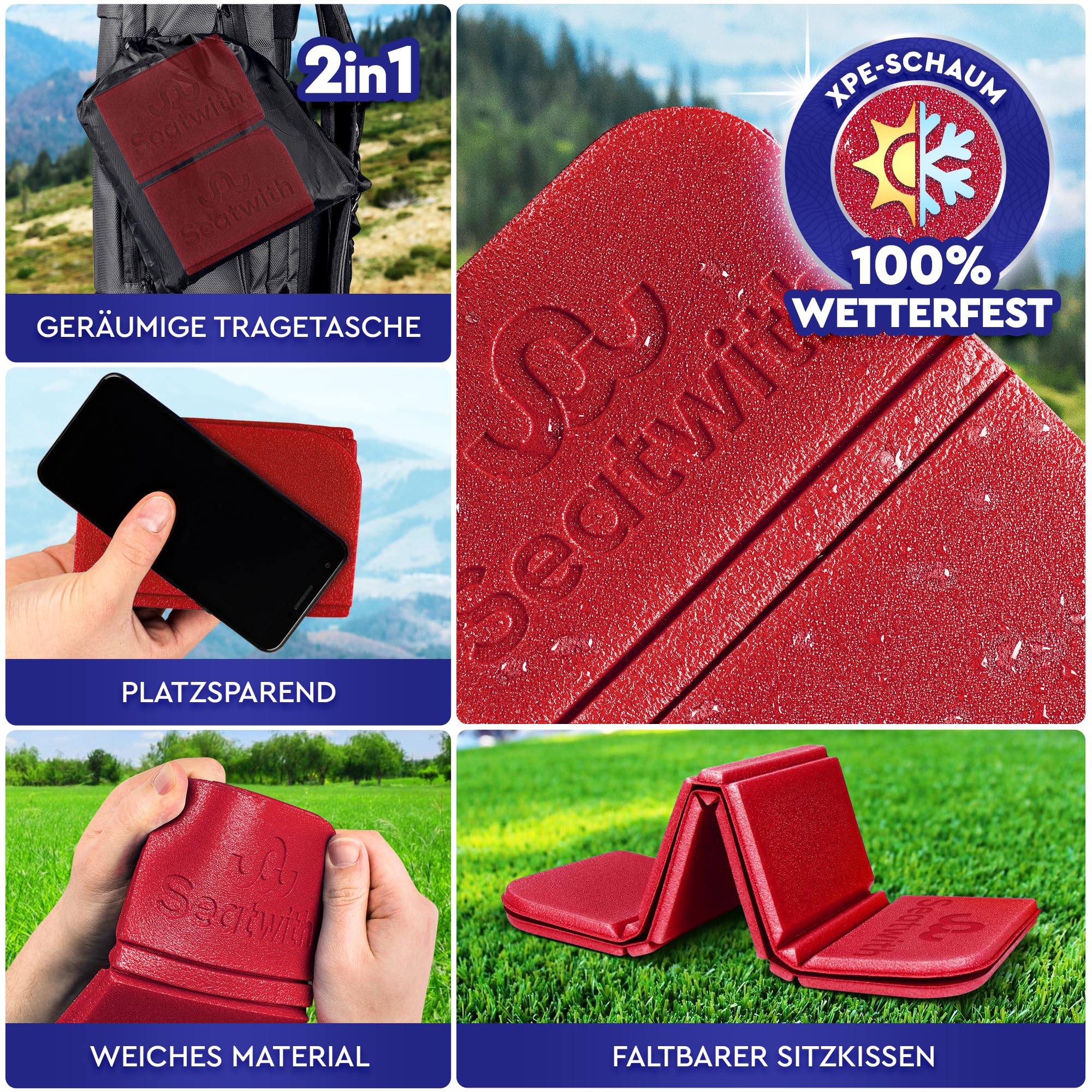 2er Set Outdoor Sitzmatte/Faltbares Iso-Thermo-Sitzkissen mit Tragetasche und Karabinerhacken für ideale Befestigung am Rucksack maximaler Schutz vor Kälte Nässe & Schmutz + Outdoor E-Book