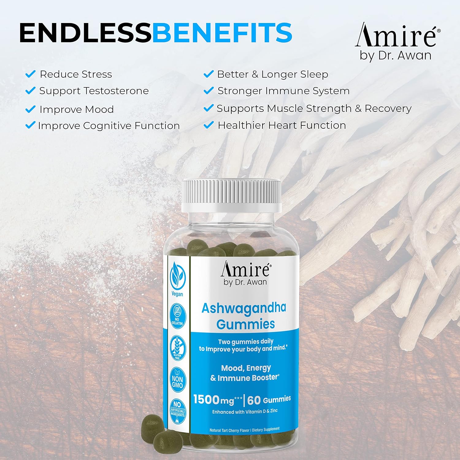 Amire by Dr. Awan Ashwagandha Gummies, Mood, Energy, & Immune Booster