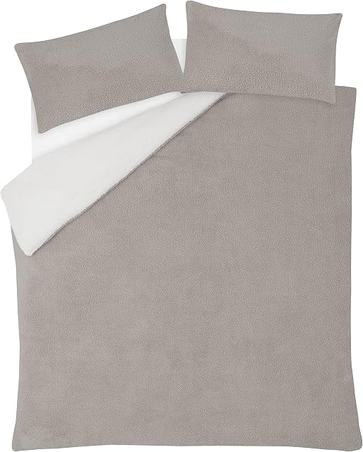 Sleepdown Reversible Teddy Fleece Thermal Warm Cosy Super Soft Duvet Cover Quilt Bedding Set with Pillow Cases - King (220cm x 230cm) - Cream / Mink