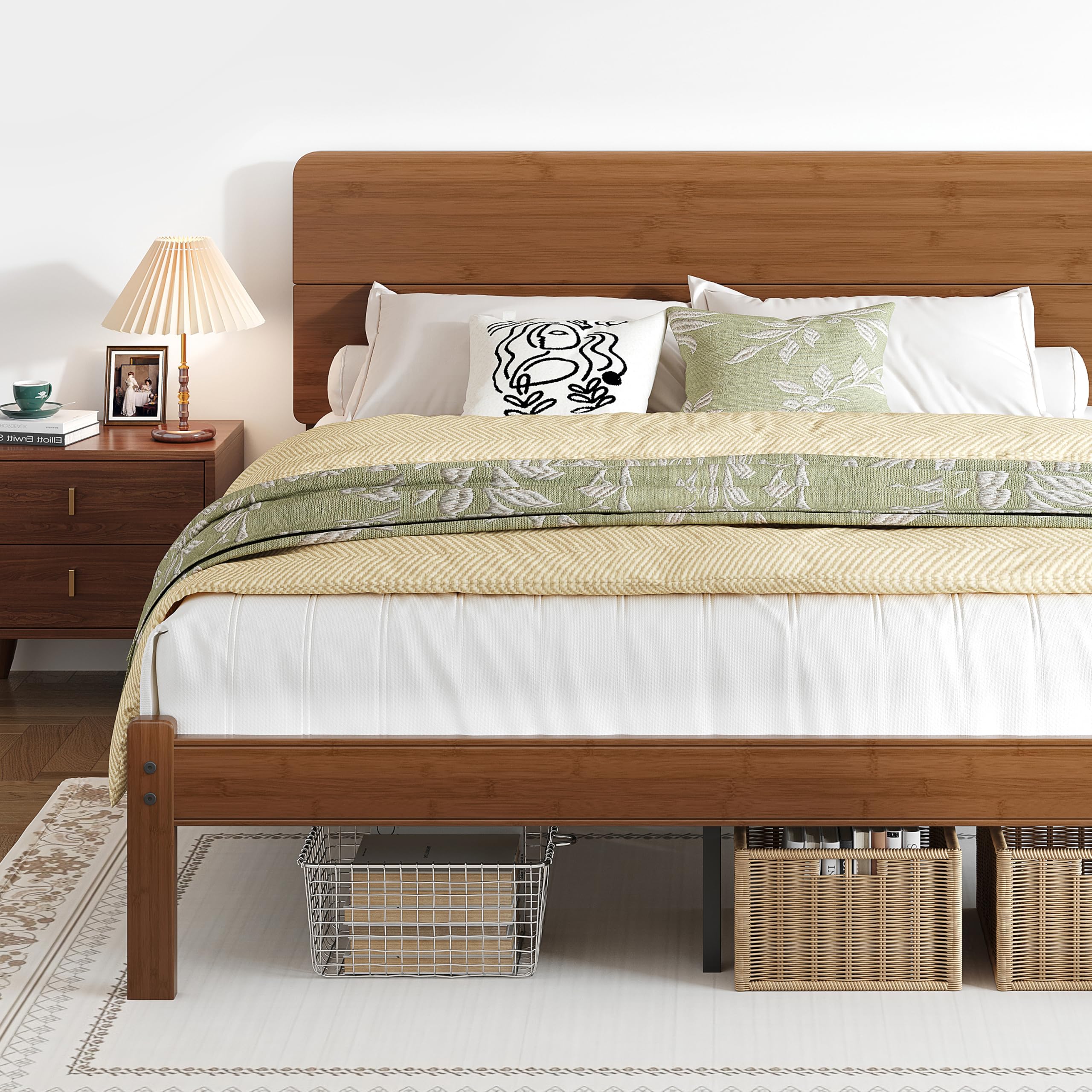 BOSRII 14 Inch Full Size Bamboo Platform Bed Frame with Headboard