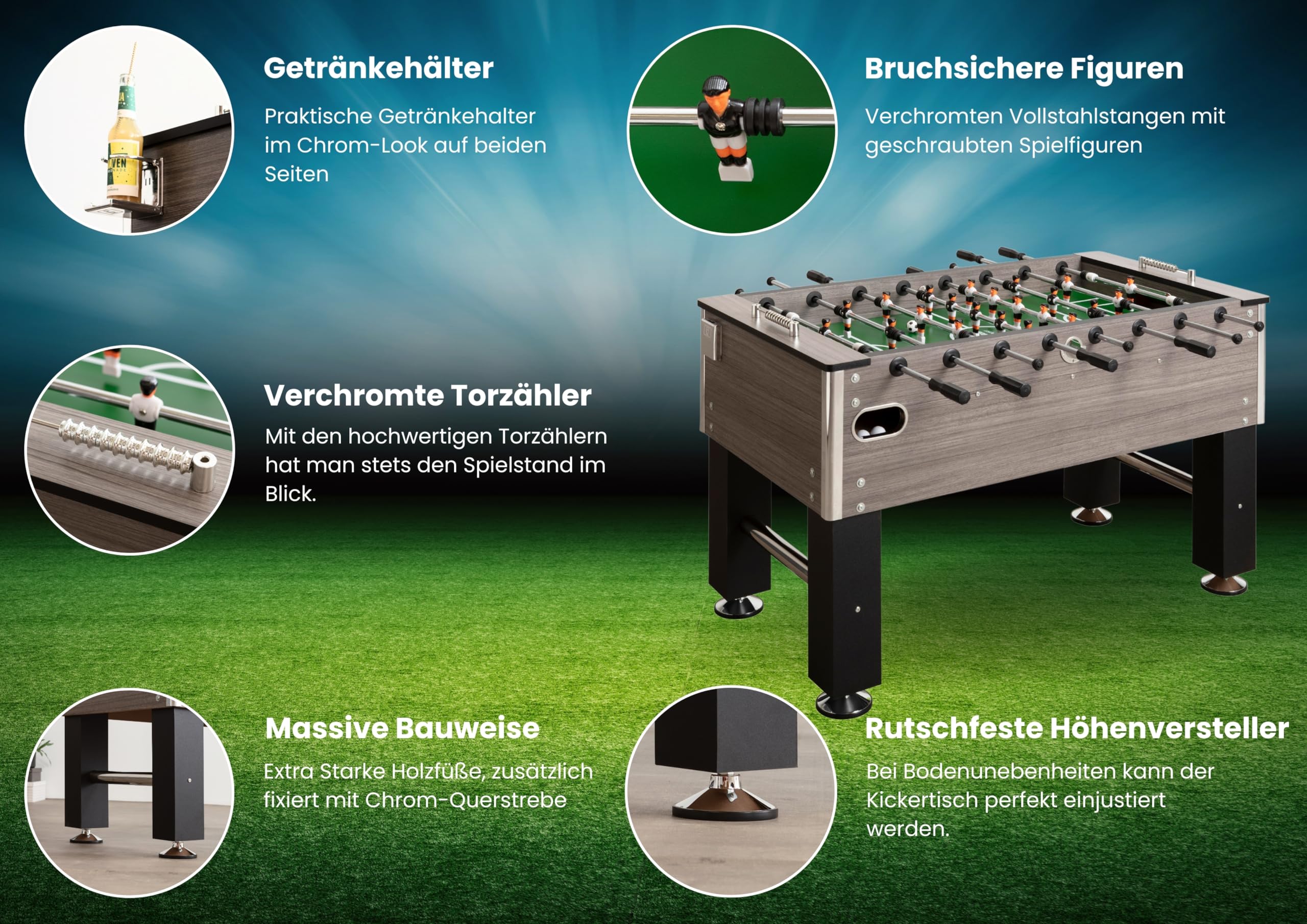 Bandito Kickertisch Profi Soccer Deluxe,braun,schwarz,Eiche-grau,massiver und robuster 80 kg Fußballtisch,Stabiler Tischfußball für Jugendliche und Erwachsene,Turnier-Tischkicker mit Getränkehalter