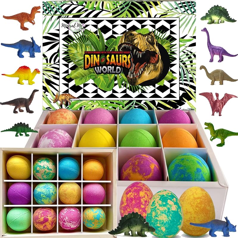 Mineral Me California Bombas de Banho Infantis com Surpresa, 12 Bombas em Formato de Ovo de Dinossauro com Brinquedos