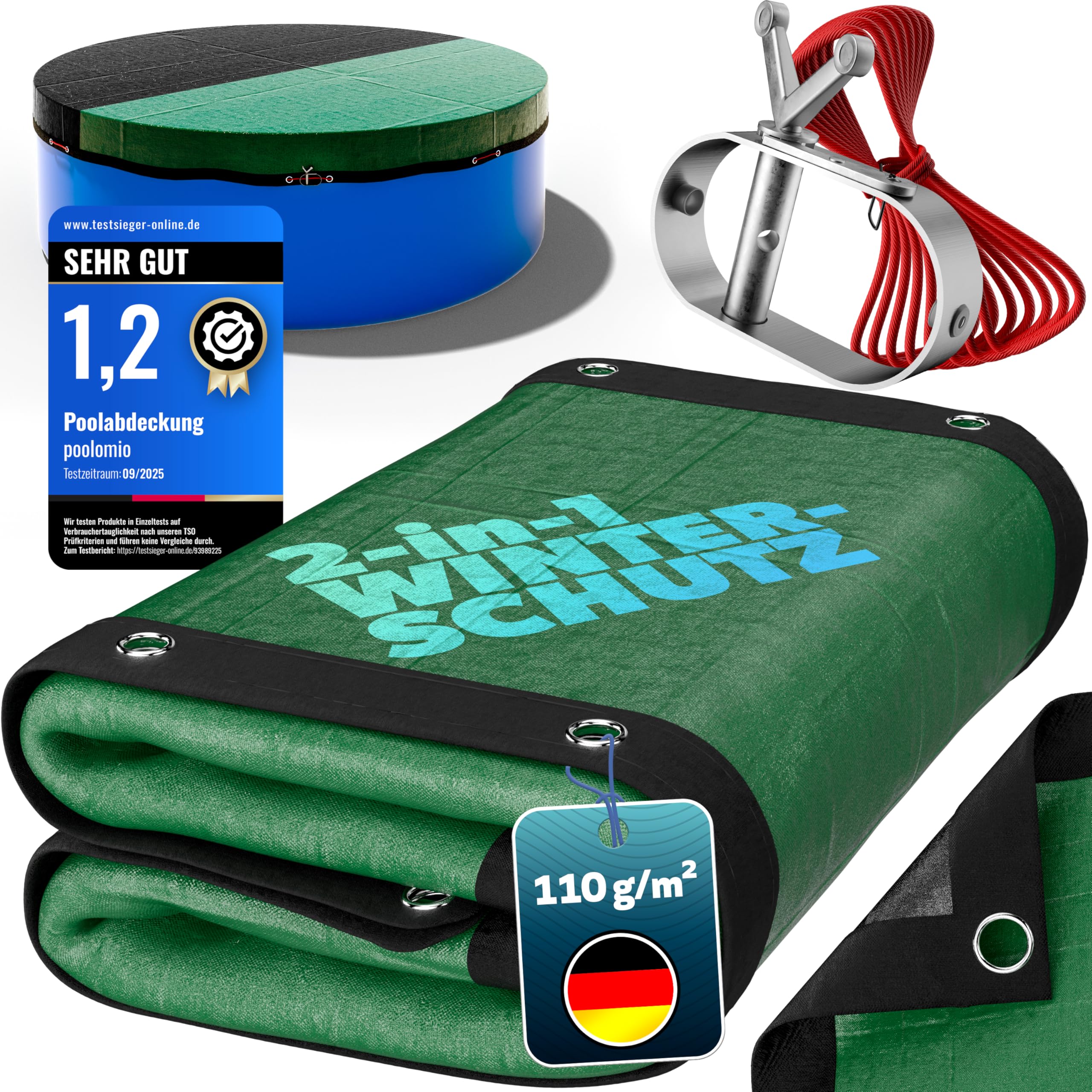 poolomio® Bâche d'hiver Ovale pour Piscine - 8 x 4 m - Renforcée en Tissu 110 g/m² - avec Cordon de Fixation