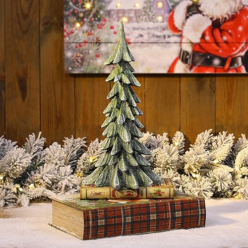 Miniatura 7 de glitzhome Árbol de Navidad de resina pintado a mano, decoración de centro de mesa de Navidad, 14.75 pulgadas de alto, verde