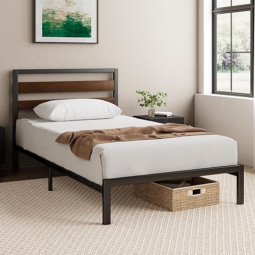 ZINUS Kai Base de cama de bambú y metal con cabecero, no necesita somier, fácil montaje y litera de espuma viscoelástica de 5 pulgadas, cama nido,