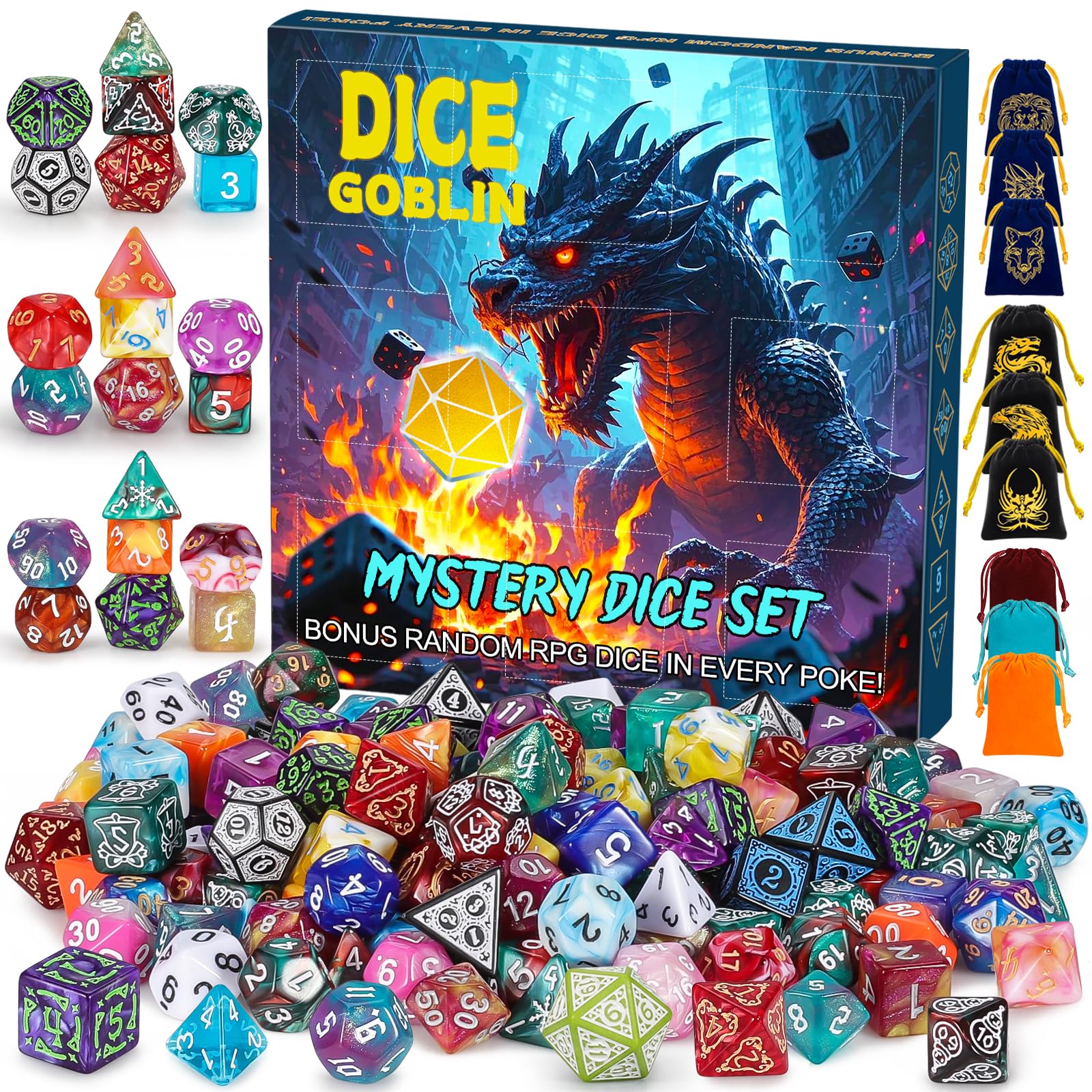 CiaraQ Mystery DND Dice Sets - Random 9 Complete Polyhedral Dice Sets with 9 Random Bags, Wide Range of Patterns, Surprise Blind Box DND Gifts for Dungeons & Dragons, Role Playing Table Game