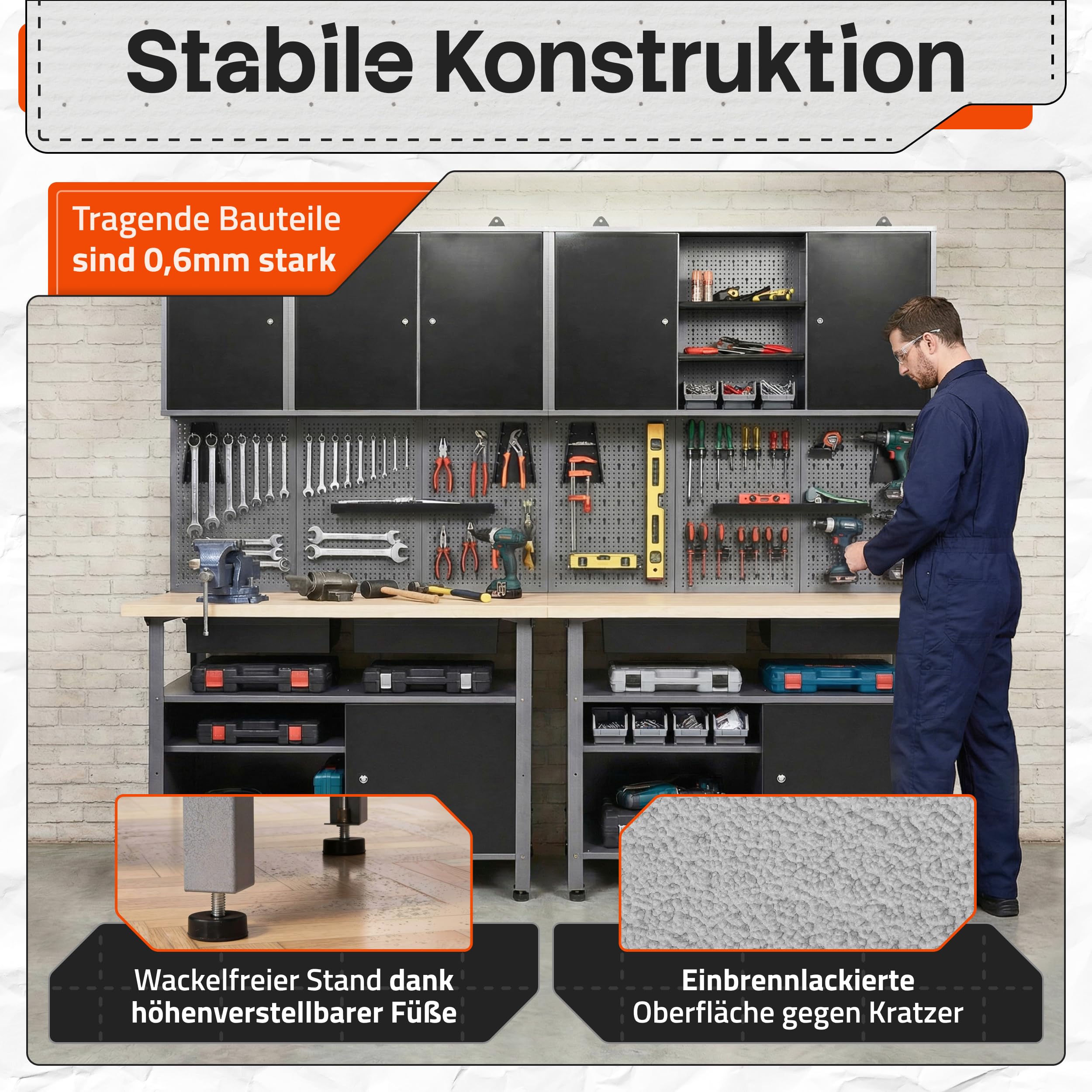 Ondis24 Werkstatteinrichtung Werkstatt Set Werkbank Fritz Hängeschrank Werkzeugwand Metall Schwarz Grau (Hängeschrank Ben & Tim, 242 cm)