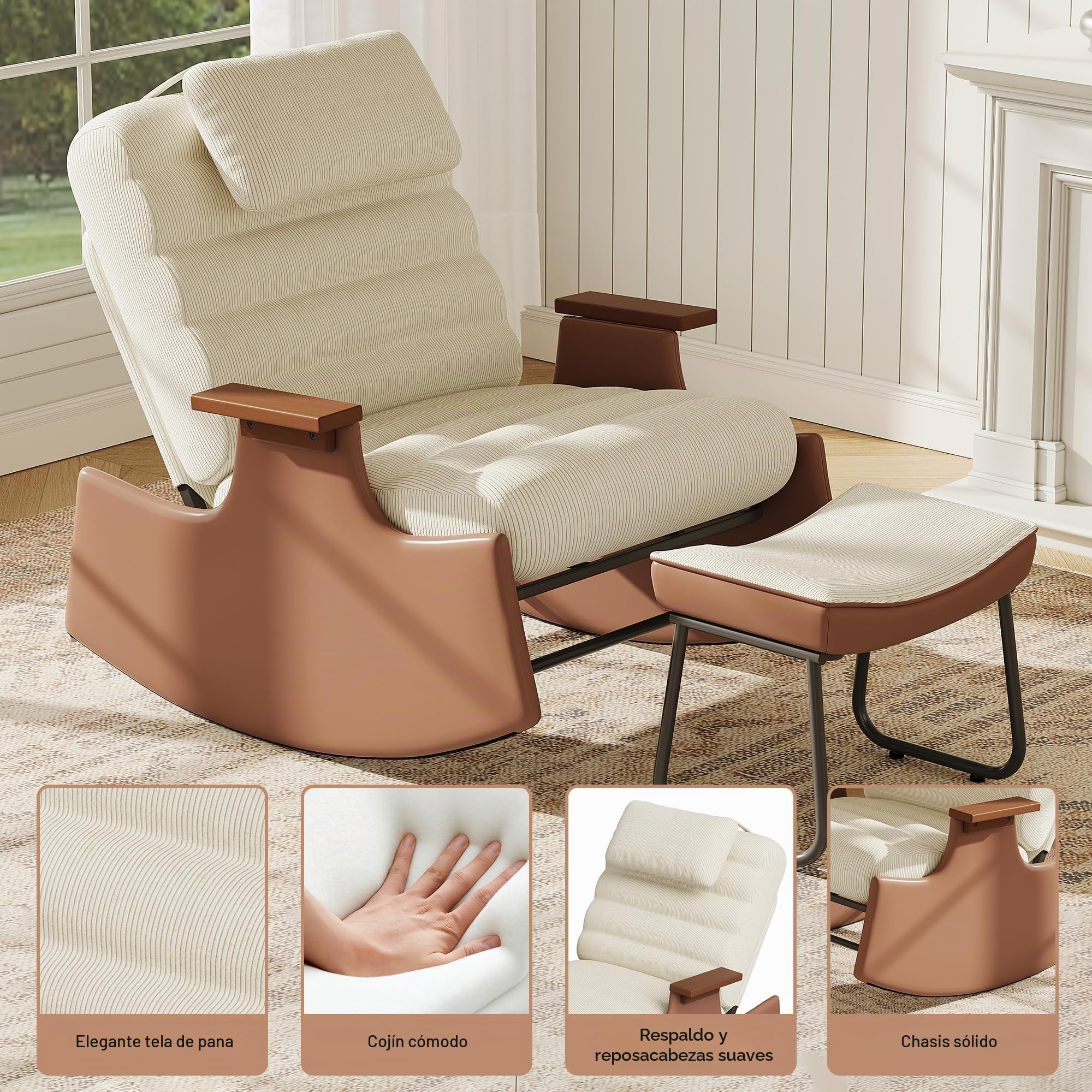 Silla mecedora de respaldo alto con reposapiés, sillón relax con reposabrazos y base de madera y piel, silla de lactancia, mecedora con reposacabezas, Lounge Chair para salón, dormitorio, balcón