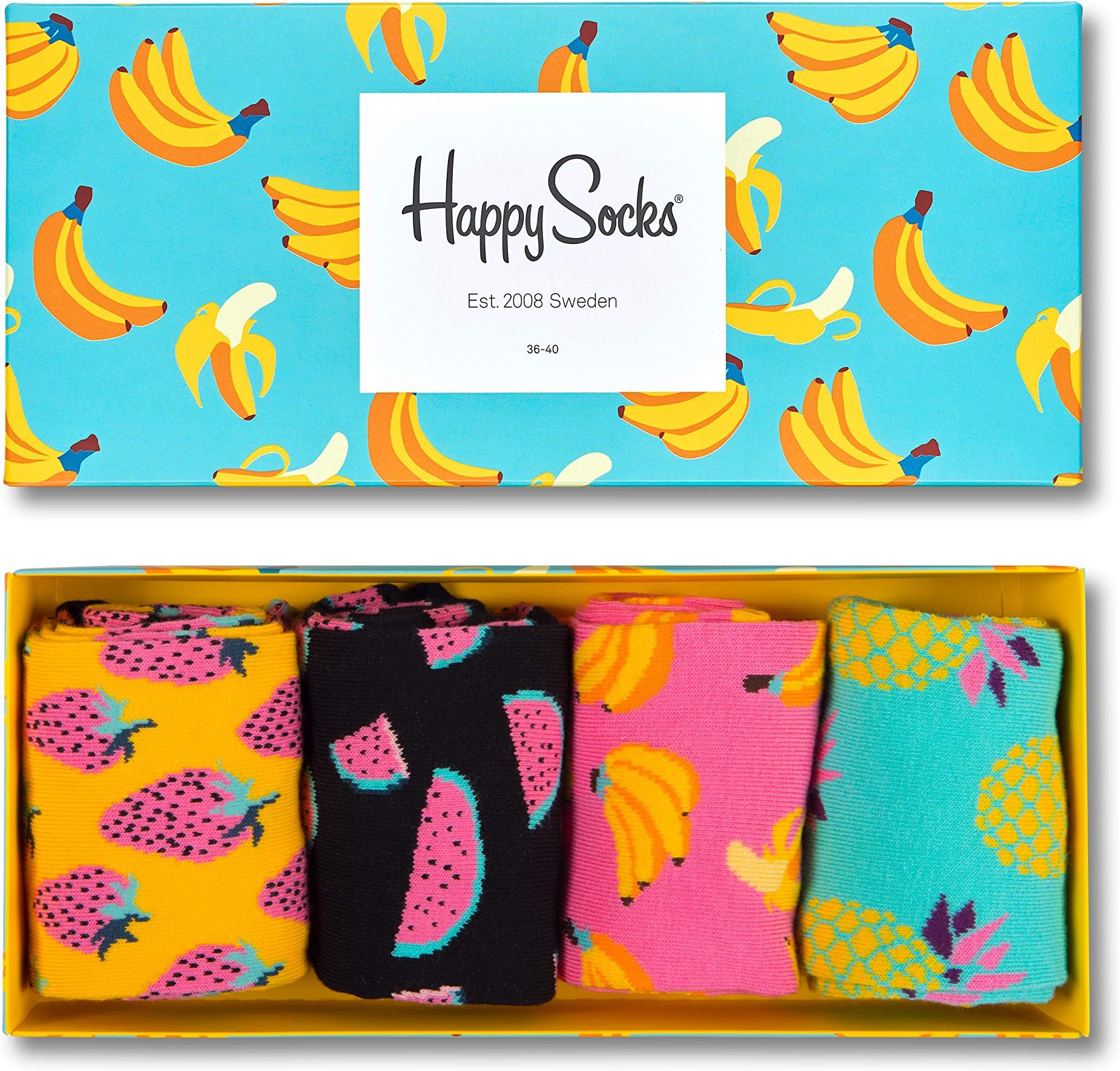 Happy Socks 4-Pack Fruit Box, colorful and fun, Socks for Men and Women, Blue-Yellow-Pink (10-13)