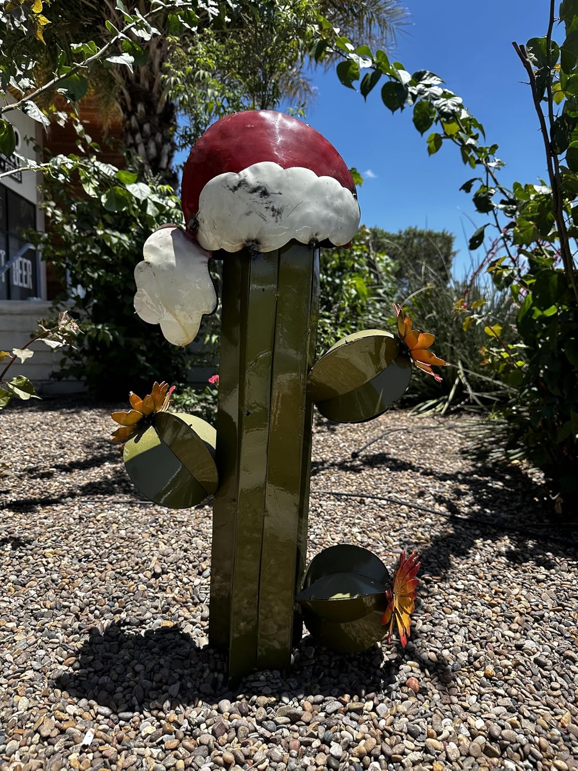 Handmade Metal Saguaro Cactus Christmas Statue – Rustic Holiday Garden Decor with Santa Hat (Olive)