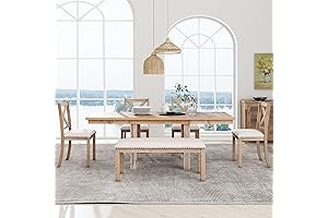 Farmhouse Style 6 Piece Dining Table Set with Extension, Upholstered Chairs Bench