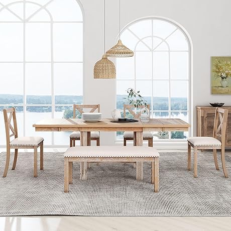 Farmhouse Style 6 Piece Dining Table Set with Extension, Upholstered Chairs Bench