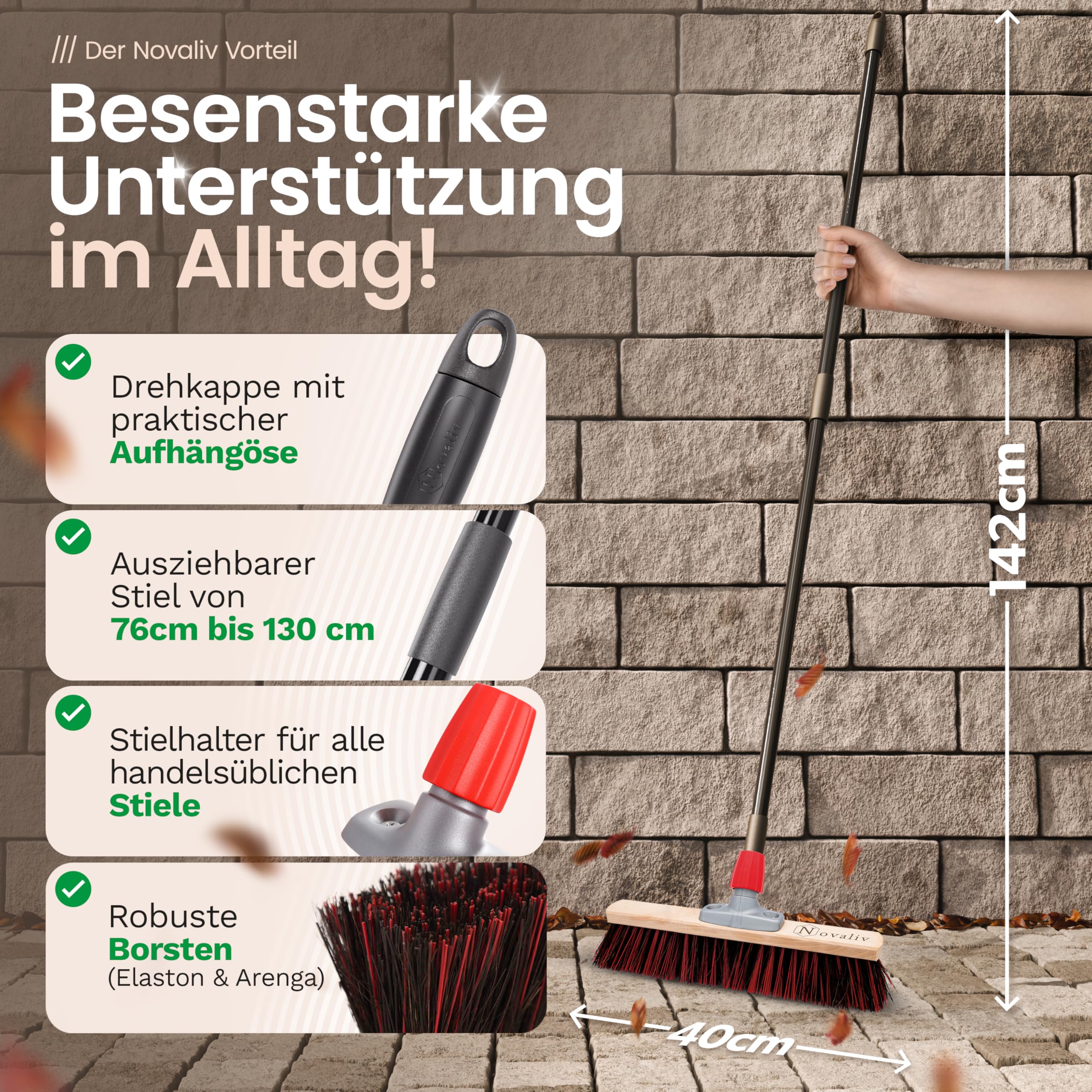 Novaliv 4X Mix Arenga Elaston Besen 40 cm Besenkopf I ohne Stiel I Arenga-Elaston schwarz-rot I Besen für draußen I Straßenbesen Industriebesen Gartenbesen Schneebesen Allzweckbesen
