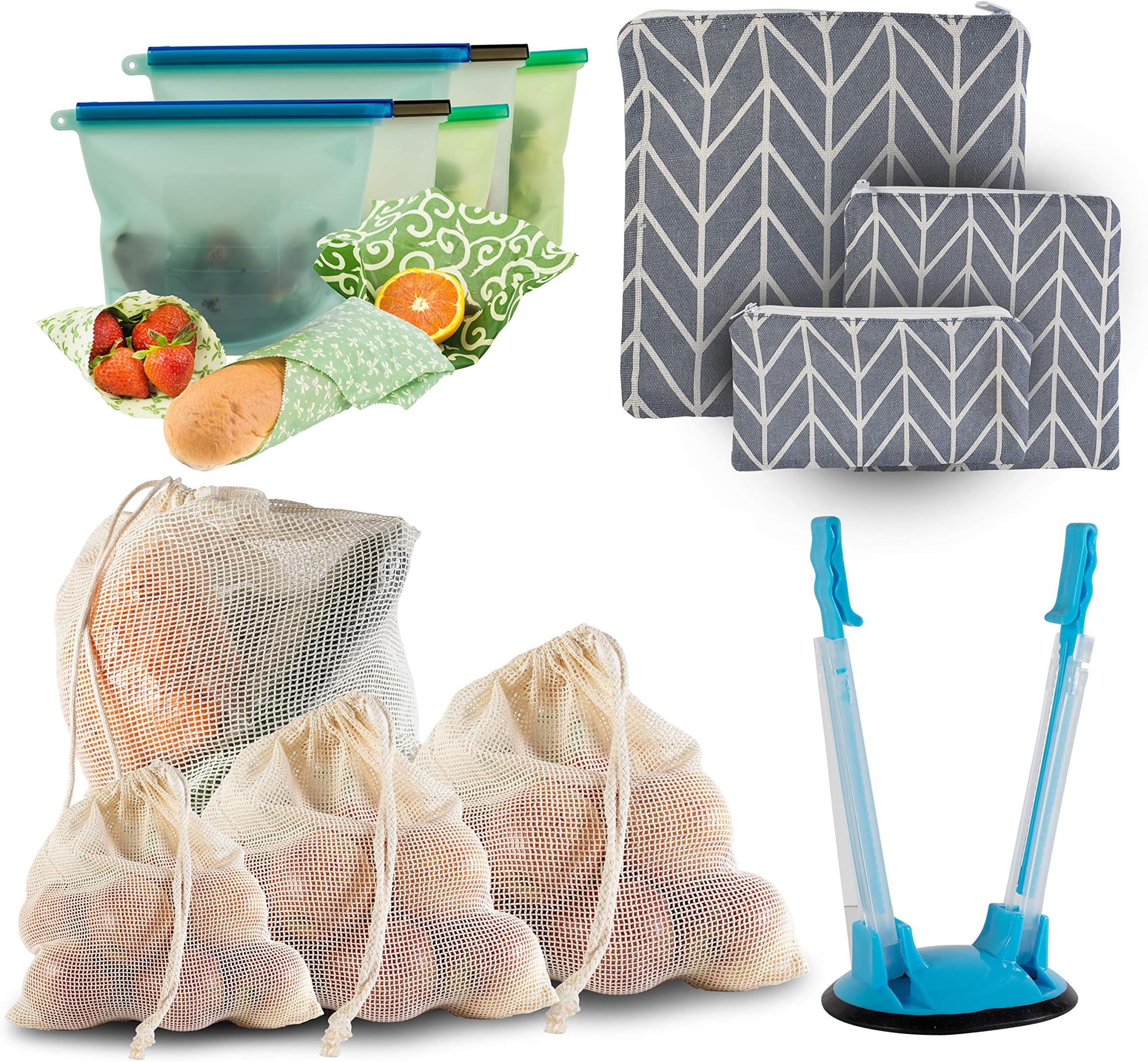 Huge 17 Pc Food Storage Set – Reusable Mesh Produce Bags, Reusable Beeswax Food Wraps, Reusable Silicone Food Storage Ziplock Bags and Reusable Zipper Snack/Sandwich Bag Pouches; Zero Waste Products