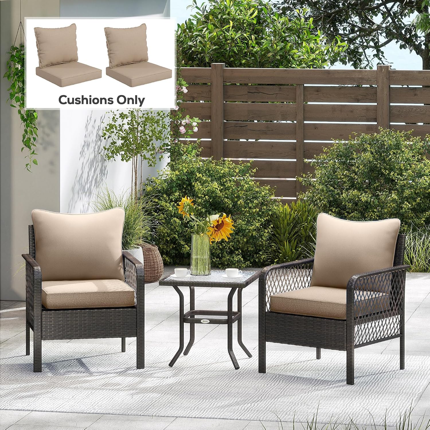 Outsunny Outdoor Chair Cushions Set of 2, Fade Resistant, 24 x 24 in Deep Seat, Patio Cushions for Chair, Sofa, and Outdoor Furniture, Beige