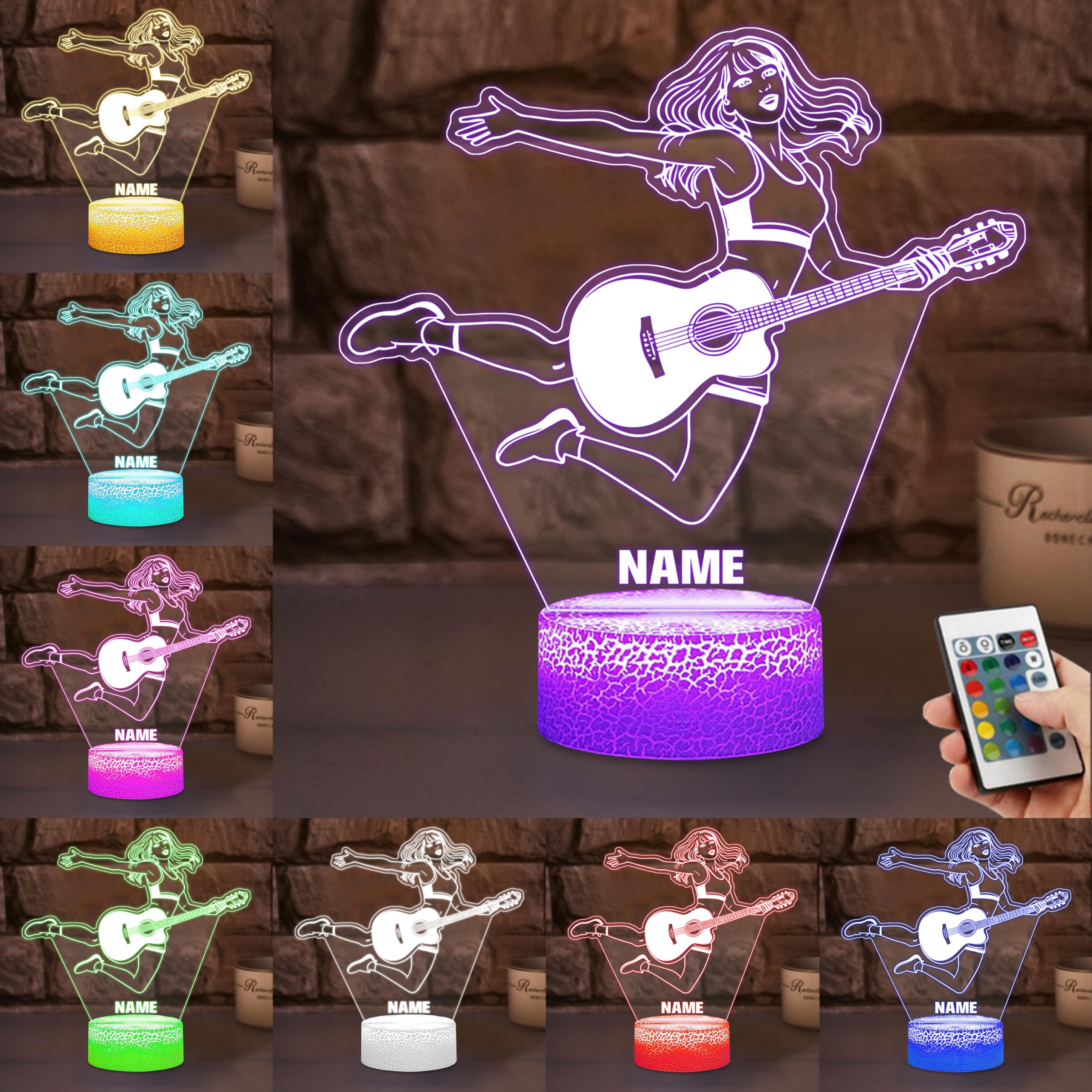 SSRUI Personalized Guitar 3D Illusion Night Light Custom Name LED Lamp with Multiple Colors Changing, Musical Decoration for Bedroom Living Room, Gifts for Music Lovers (Guitar Girl)