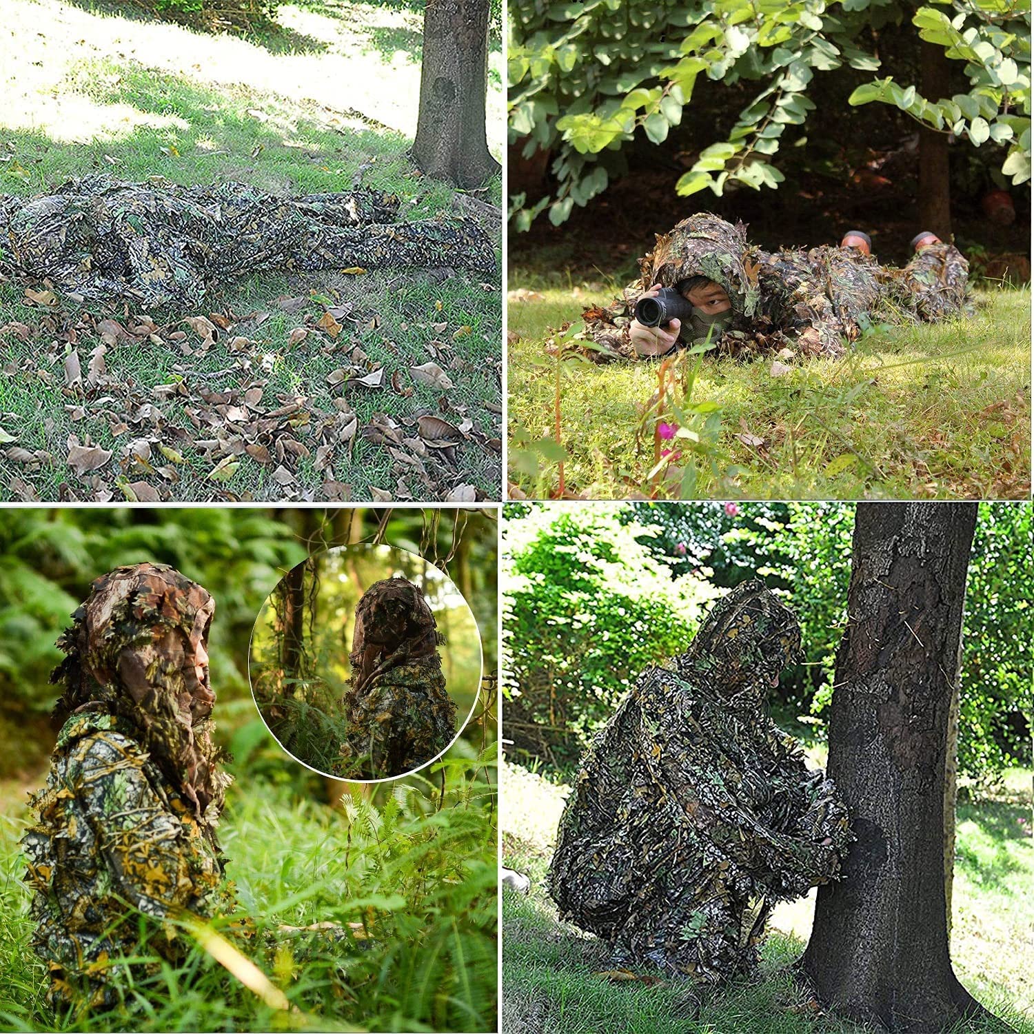 3D Ghillie Suit, Tarnanzug Dschungel Camouflage Bionic Design leicht Blättern Tarn Kleidung Hose Jacke Set mit Kappen für Jagd Airsoft Outdoor Militär Verdeckt