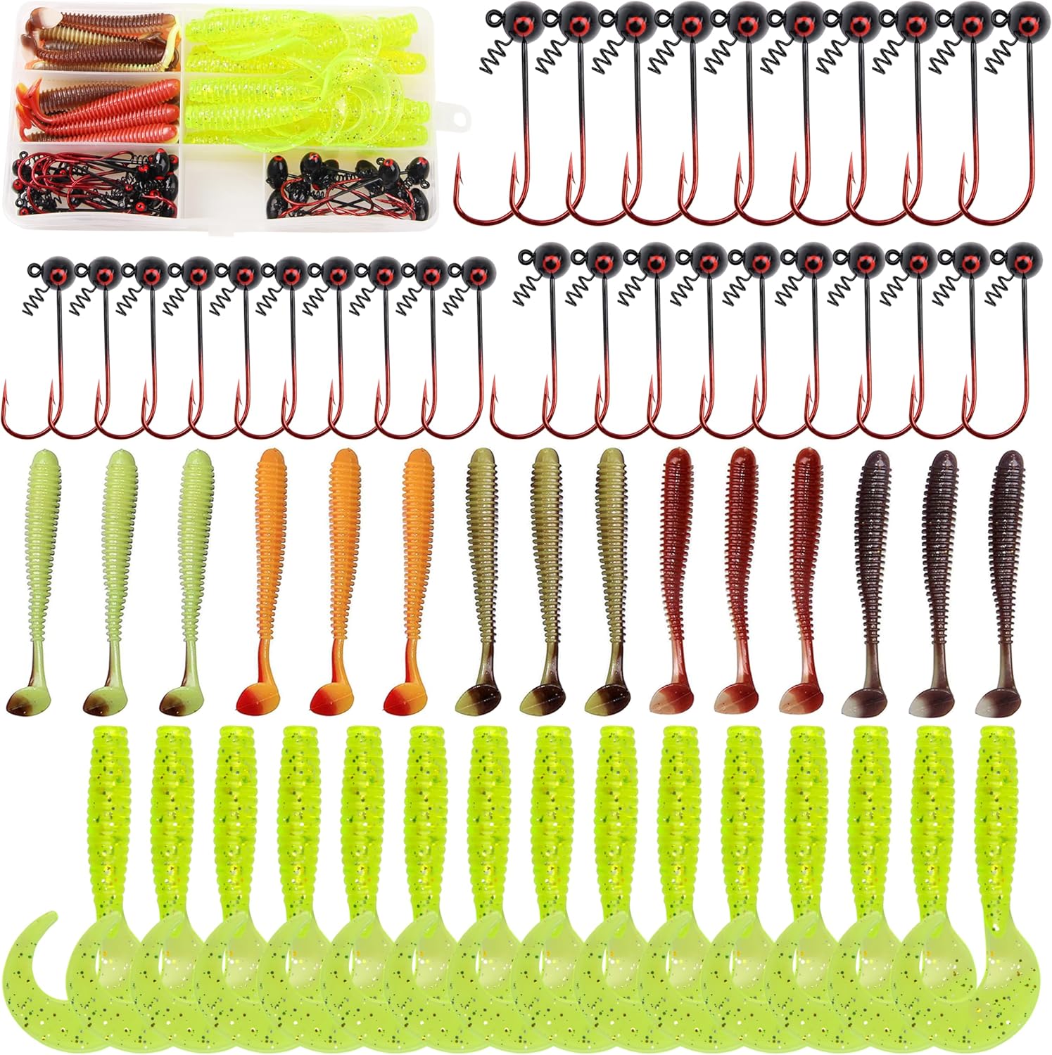 OROOTL Shaky Heads Grub Lures Kit, 60pcs Tungsten Shaky Head Jig Hooks Soft Baits for Bass Fishing Shakeyhead Jigs with Spring Screw Lock 1/4oz 1/8oz 1/16oz