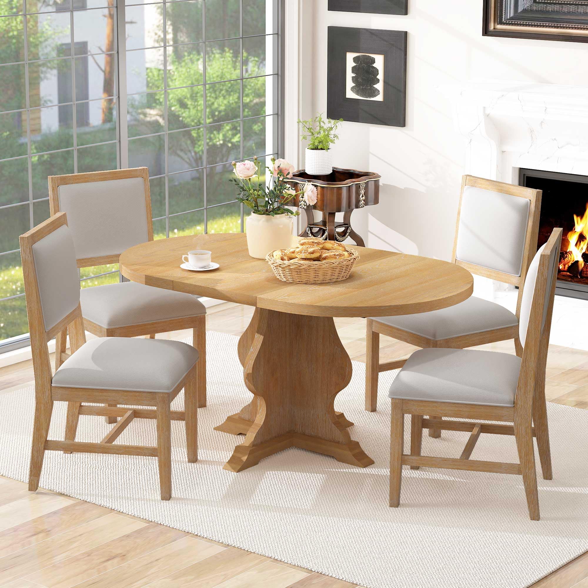 Photo 1 of ***4 CHAIRS ONLY/NO TABLE****Merax 5-Piece Farmhouse Extendable Dining Table Set, 42.5 to 58.2 inch Rustic Wood Table with 4 Upholstered Chairs and 15.7" Leaf, for Kitchen Dining Room, Natural