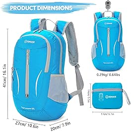 ZOMAKE Ultra Lightweight Packable Backpack 25L, Foldable Hiking Backpacks Water Resistant Small Folding Daypack for Travel(Light Blue)