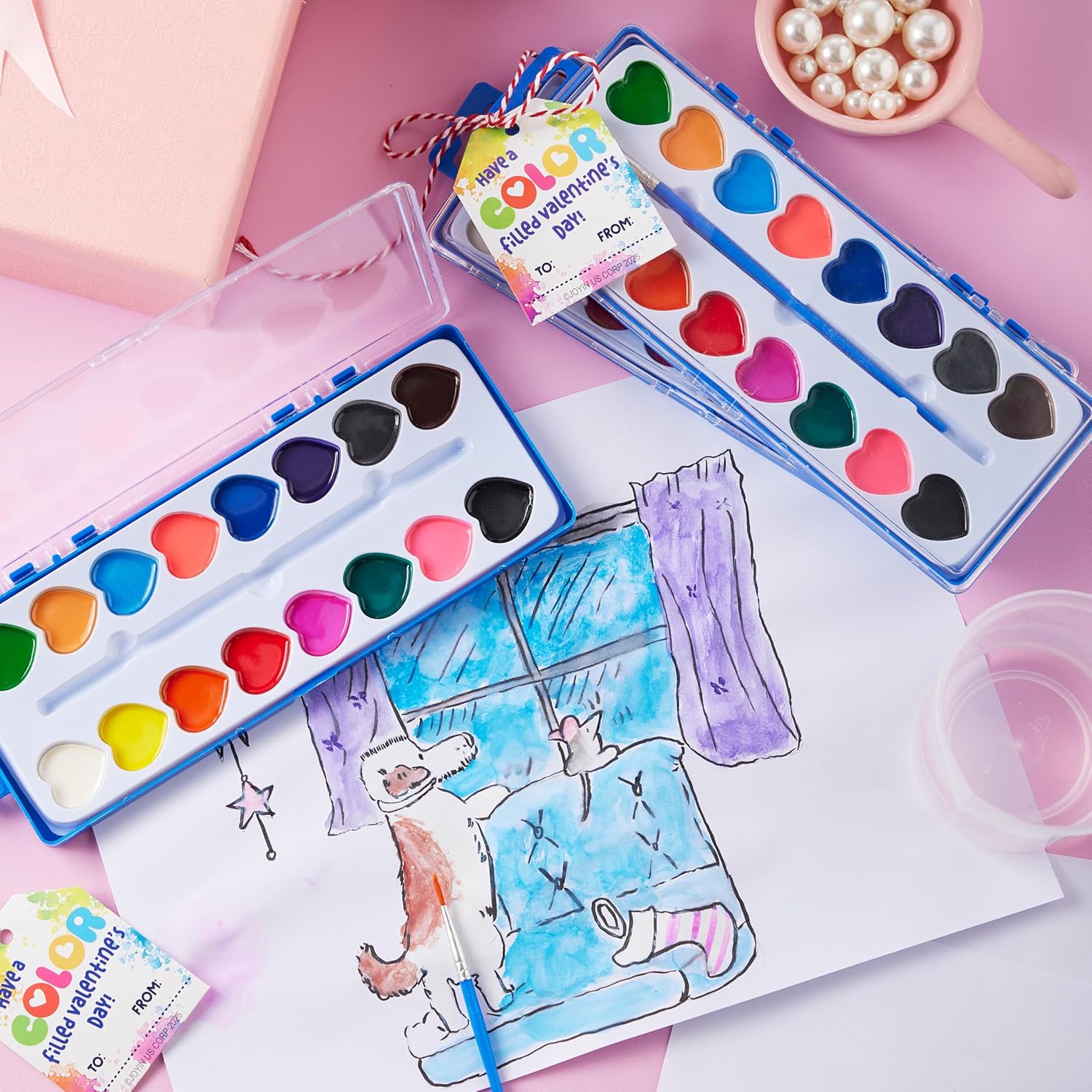 JOYIN 24 Pcs Valentine’s Day Heart-Shaped Watercolor Paints, 16 Colors Paint Palettes with Brushes & Gift Tags & Ropes, Valentines Day Arts for Kids Crafts DIY Activity Classroom Gifts Party Favors