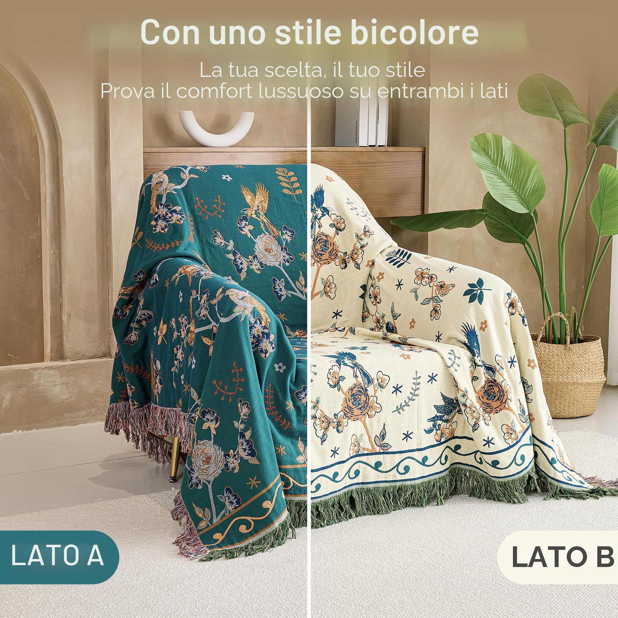 VANJOROY Coperta per Divano e Letto Grande in 100% Cotone Organico con Motivo Floreale di Uccelli - 130x150cm, Coperta Morbida Doppio Lato Stile Bohémien per Poltrona Singola a 2 Posti, Tappeto da