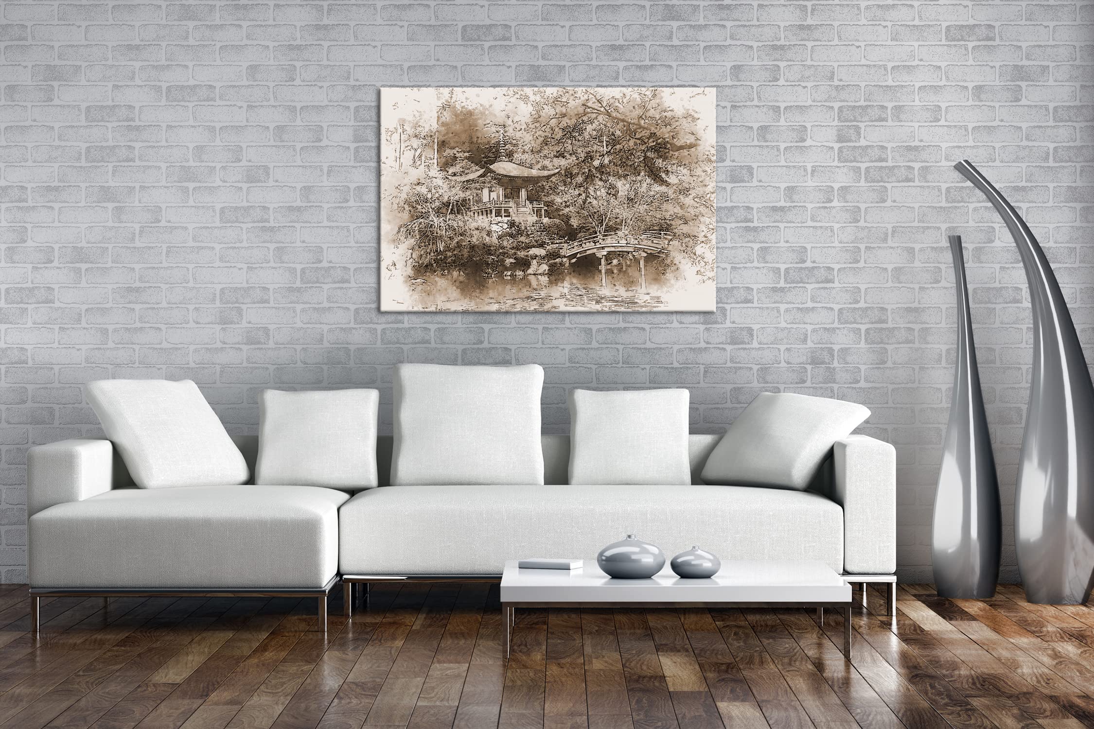 Effet jardin japonais traditionnel : sépia, format : 80 x 60 cm, motif monté sur cadre en bois véritable, impression numérique de haute qualité, pas de poster ni d'affiche.