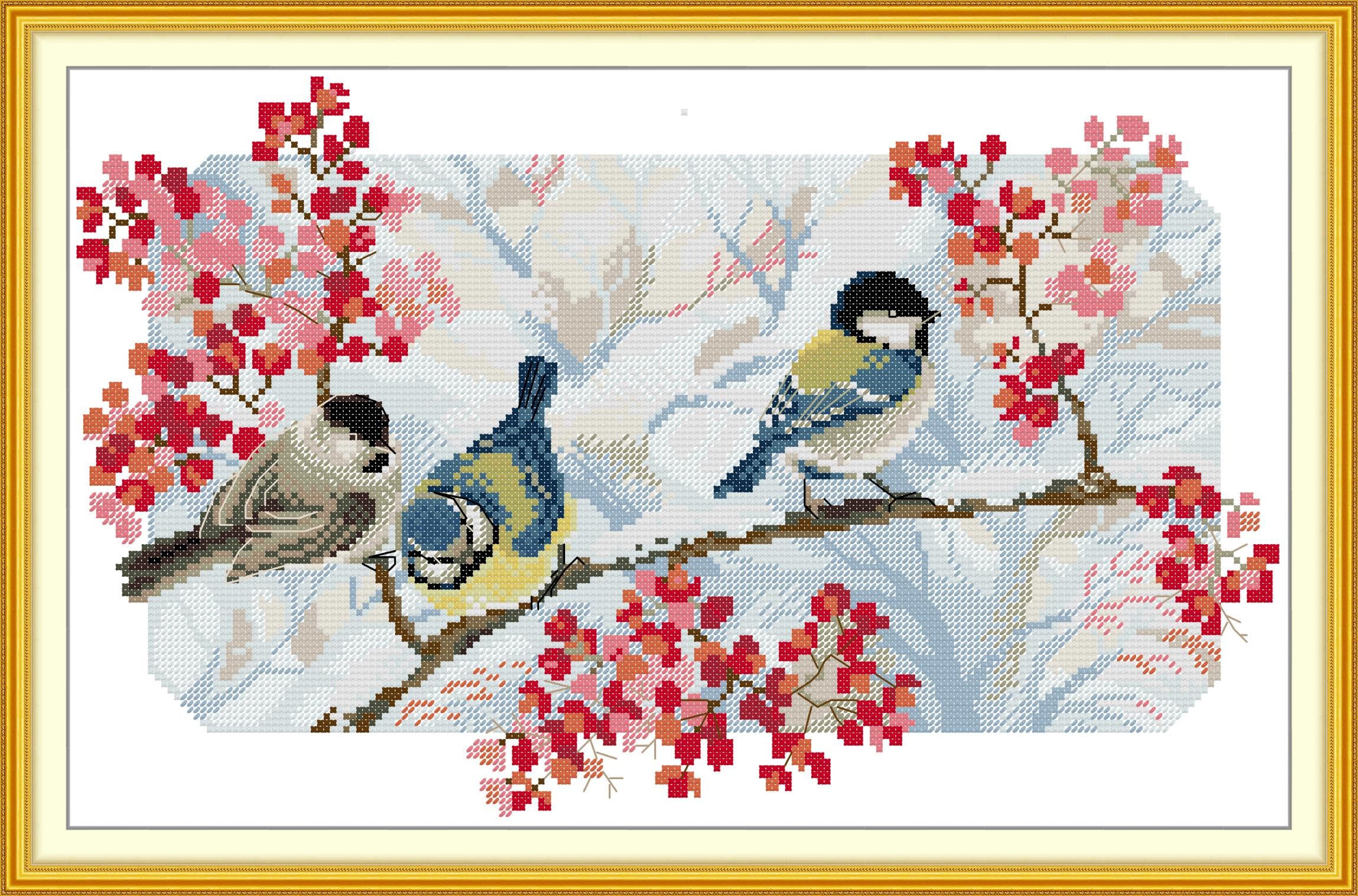 Aiorkeng Cross Stitch Kits Stamped Full Range of Embroidery Starter Kits for Beginners DIY 11CT 3 Strands-Printed kit Three Little Birds 5 (Printed) 20.9×15 inches