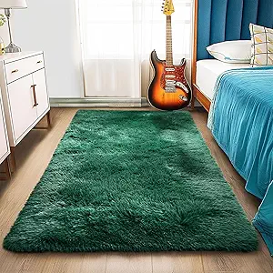 Fluffy Runner Rugs for Bedroom 2x4, Emerald Green Runner for Hallway Non-Slip, Shaggy Fuzzy Bedroom Rug Room Decor