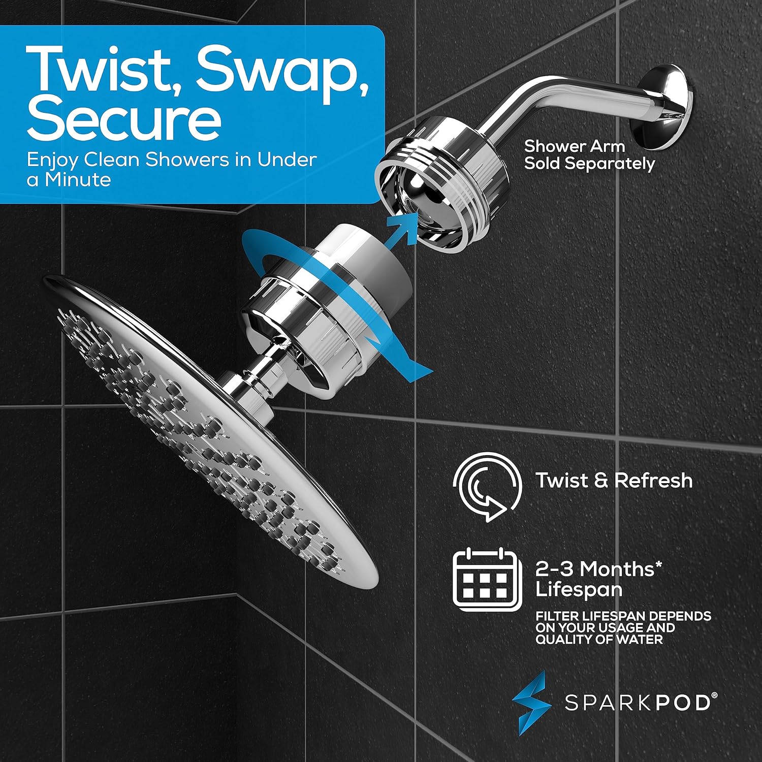 SparkPod High Pressure Shower Filter Head with 1 Extra Filter - Water Filter Suitable for People with Dry Hair, Skin & Scalp, 9.5" Shower Head with Enhanced Formula Filter (Luxury Polished Chrome)