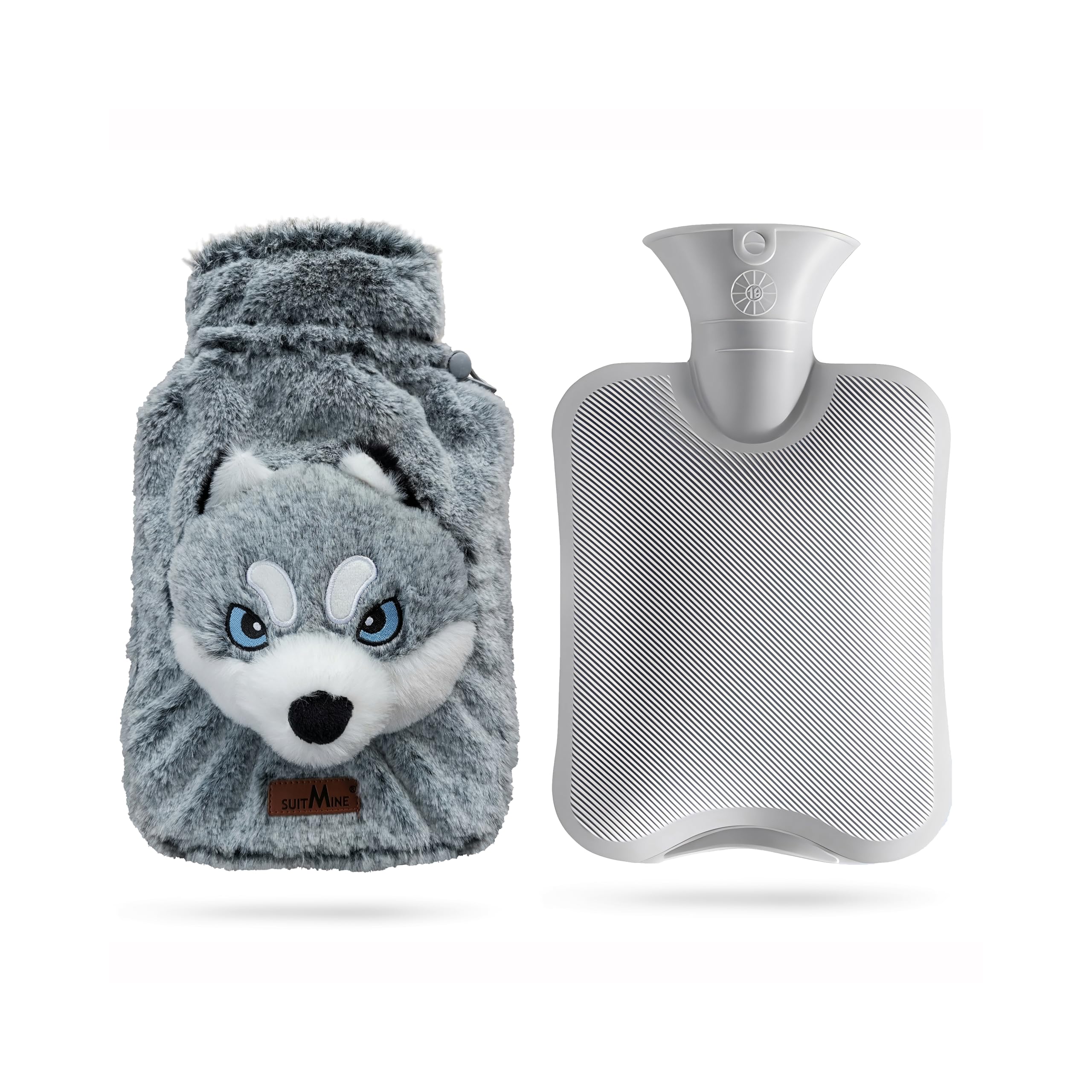 suitmine Hot Water Bottle PVC 2L Leak-Proof with Removable Plush Cute Husky Cover for Pain Relief Hot and Cold Therapy,Hands Feet Abdomen and Neck Warmer,Cord Lock,Grey