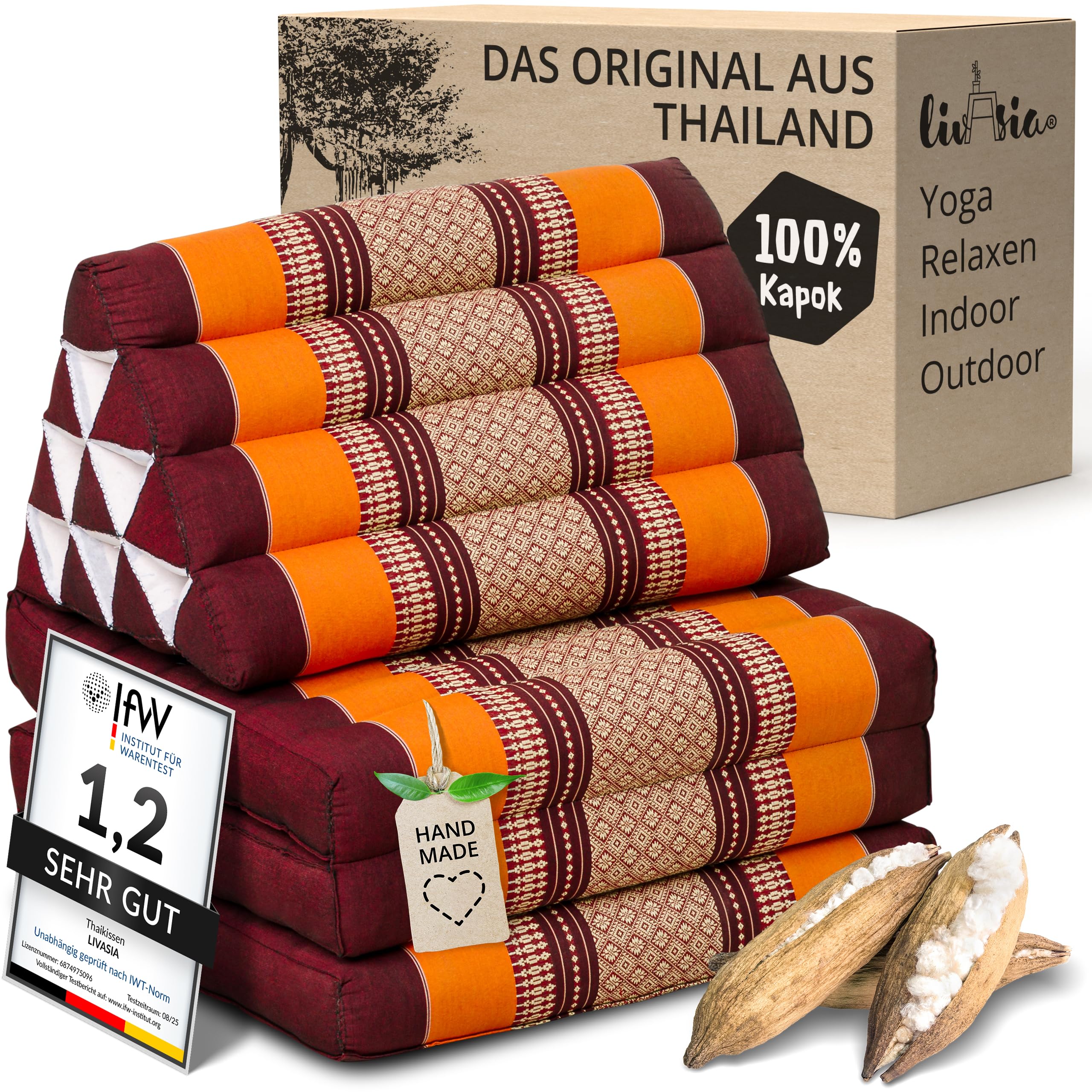livasia Thaikissen mit 3 Auflagen – Thaikissen mit Klappmatratze, Kapok-Keilkissen, Rückenkissen faltbar, Thaimatte zum Klappen, handgefertigt, Meditationskissen (Orange)