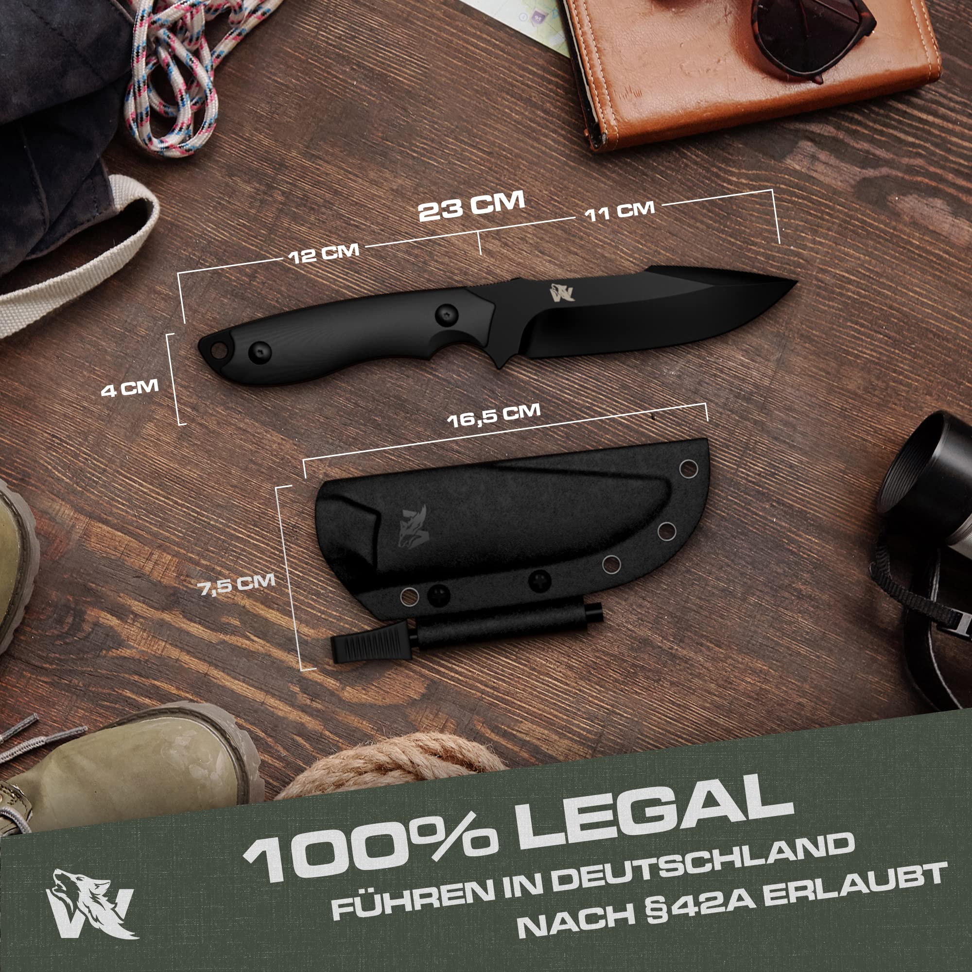 ODENWOLF Nóż outdoorowy AMBULO z kaburą Kydex – szlachetny nóż myśliwski wykonany z jednego kawałka stali D2 – nóż DAS Bushcraft – idealny nóż survivalowy