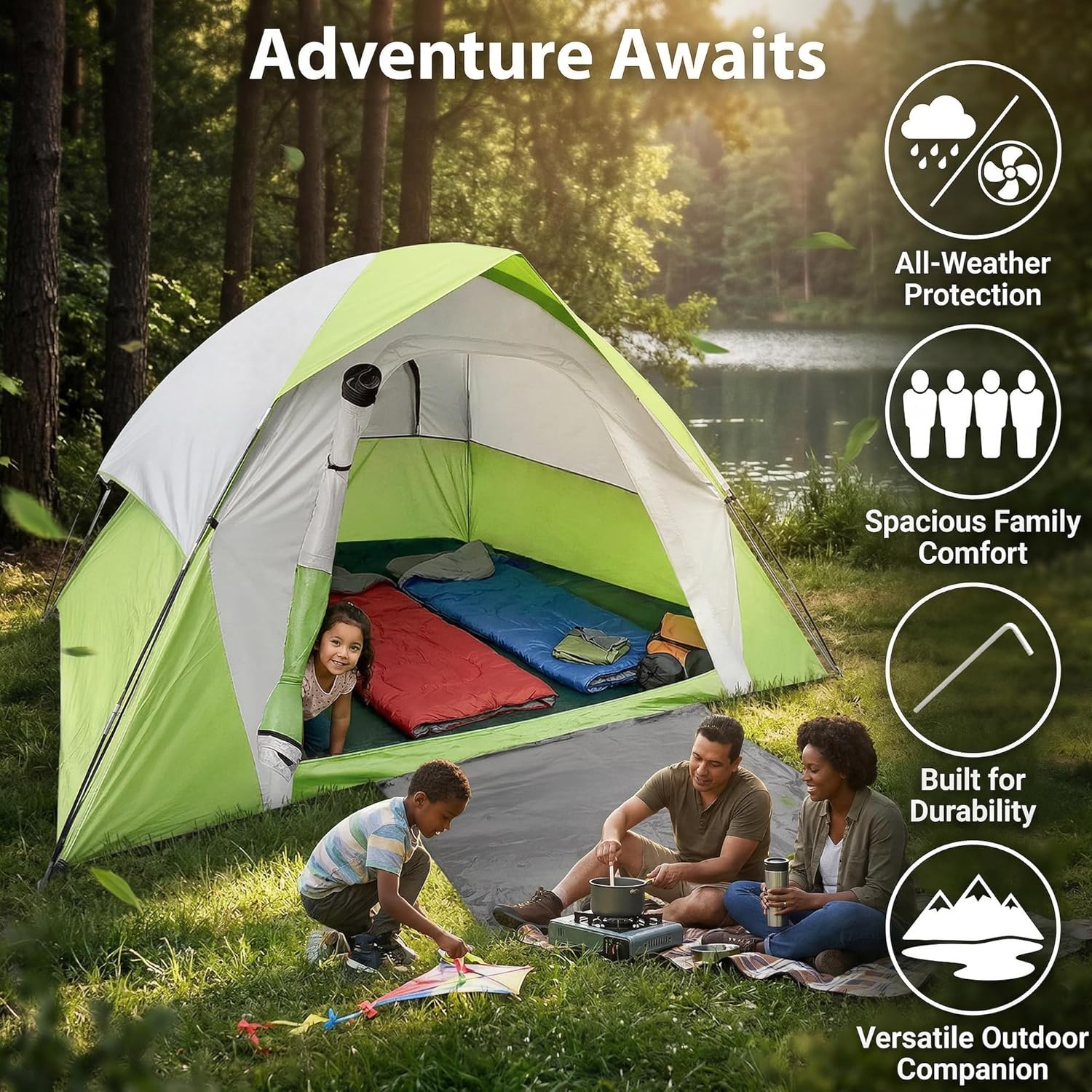 XL 4 Person Dome Camping Tent, Double Layer Waterproof, Removable Rain Fly, for Outdoor Hiking, Fishing