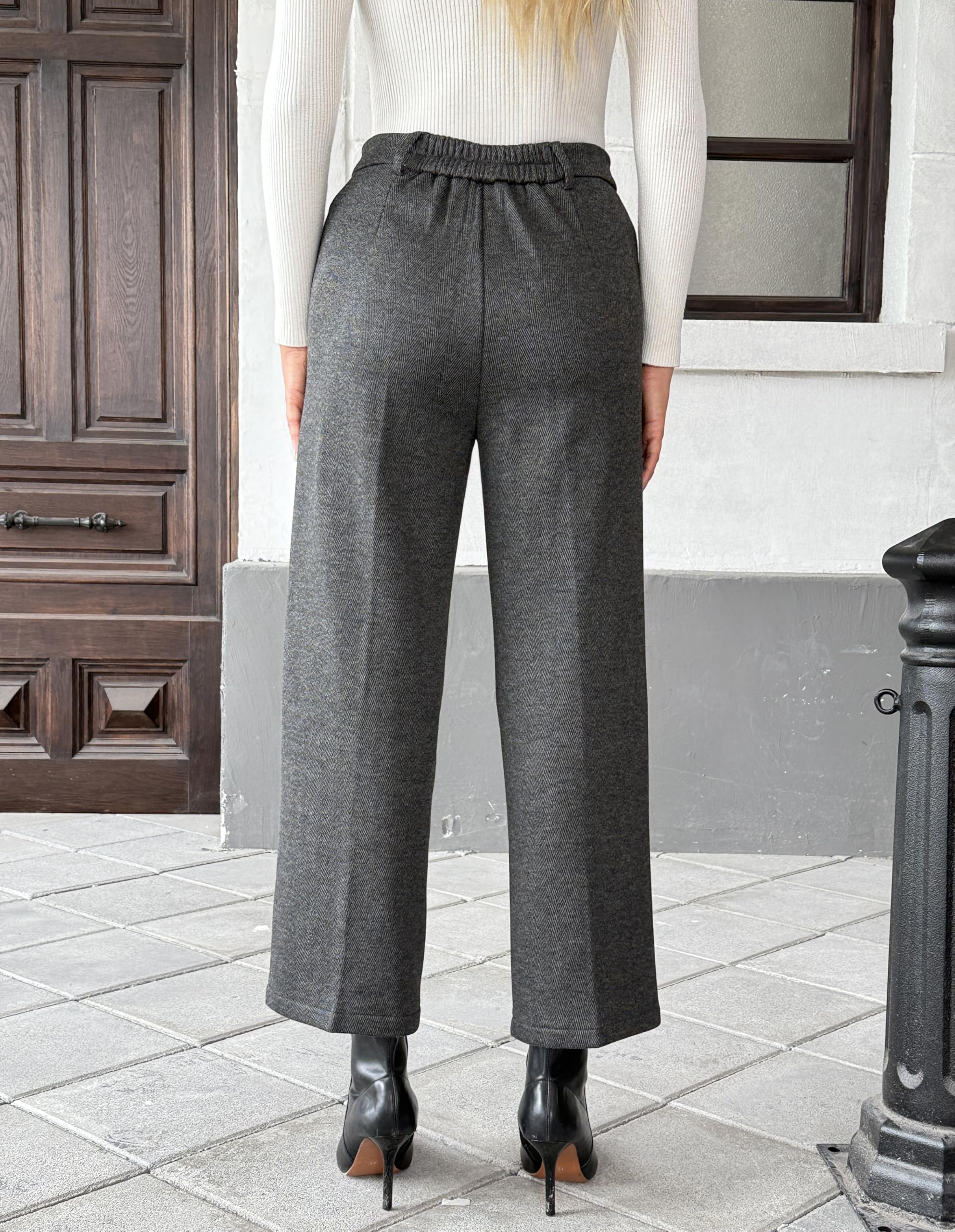 Fakanhui Damen-Winter-Thermohose, Wollmischung, Tweed, bauchfrei, weites Bein, Fleece-gefüttert, Business-Casual-Hose