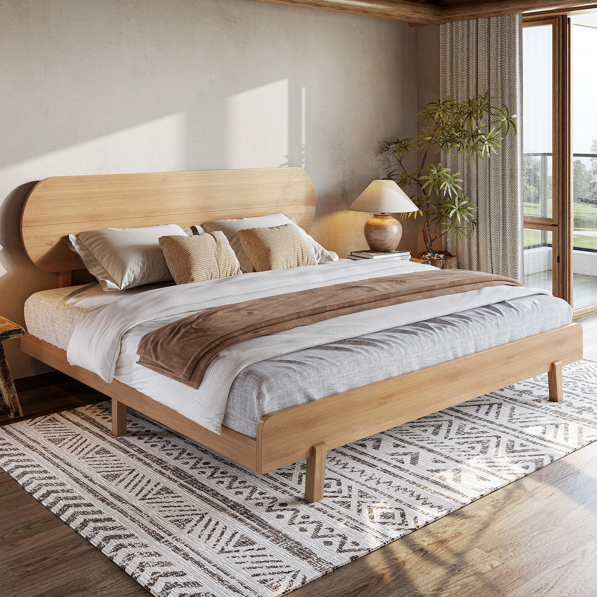 Bellemave King Size Bamboo Bed Frame with Headboard,Bamboo Platform Bed Frame King Size with Rounded Headboard and Wood Slats,Easy Assembly,Natural