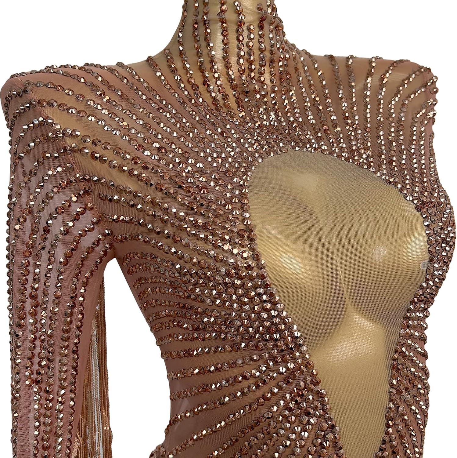 Women Rose Gold Rhinestone Fringe High Neck Cutout Mini Dress Sunburst Tassel Stage Performance Outfit