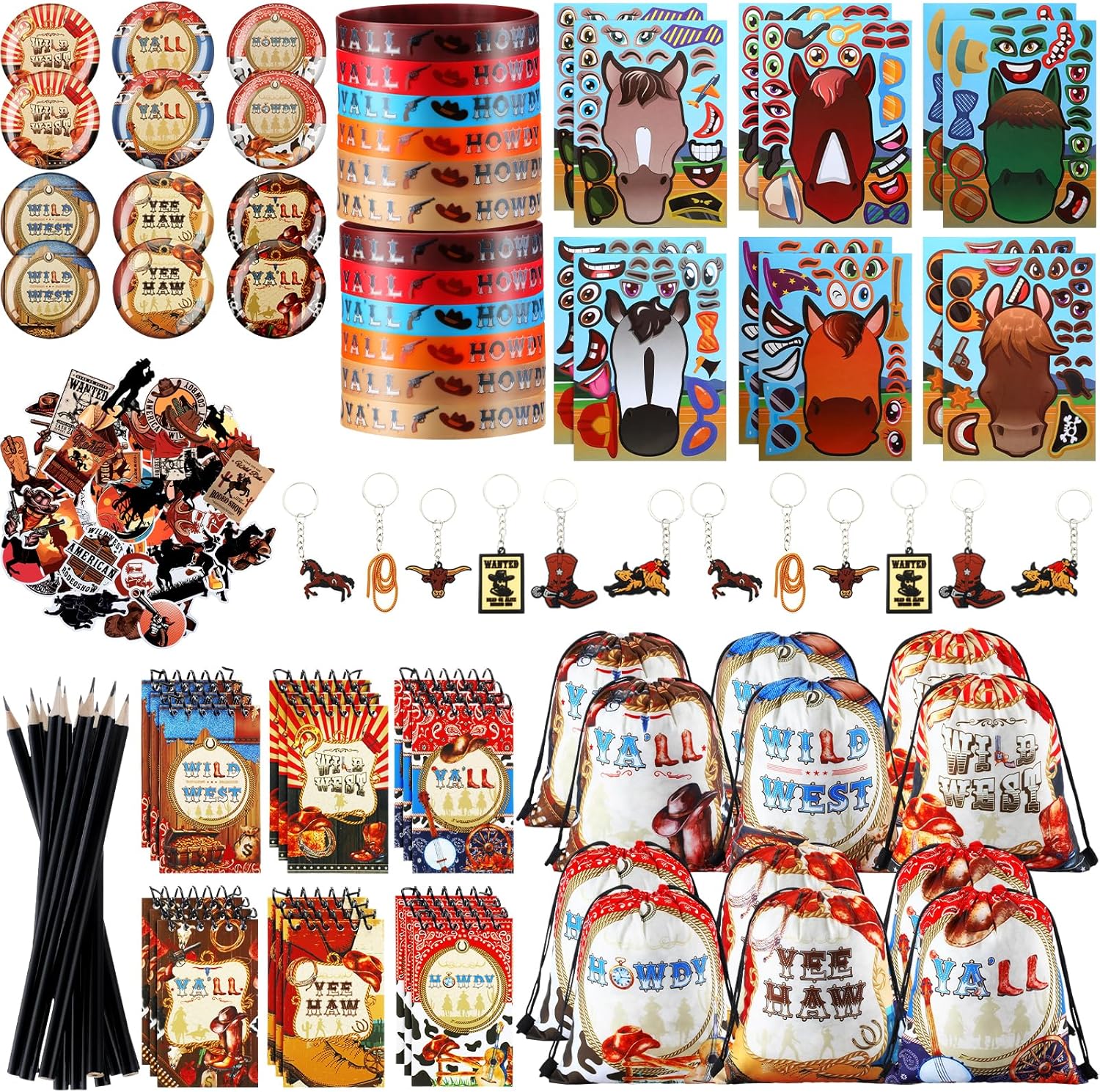 140 Pcs Western Cowboy Party Favors Cowboy Goodie Bags Keychain Wristbands Badges Horse Stickers Notepads Pencils for Birthday Party
