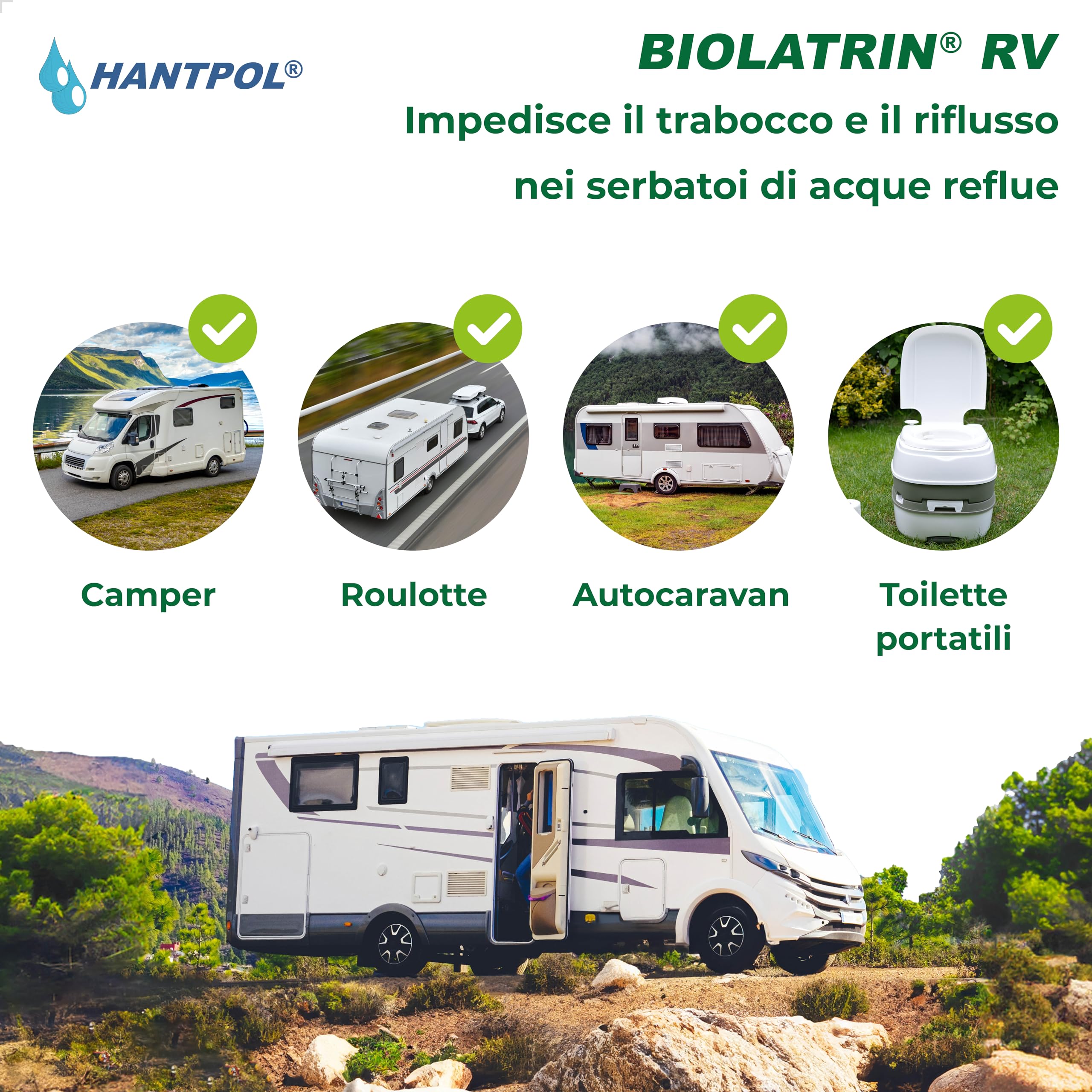 Liquido microbiologico - Detergente per serbatoio d'acqua per camper - per serbatoi neri e grigi - elimina i cattivi odori da docce, lavandini e scarichi nei camper.