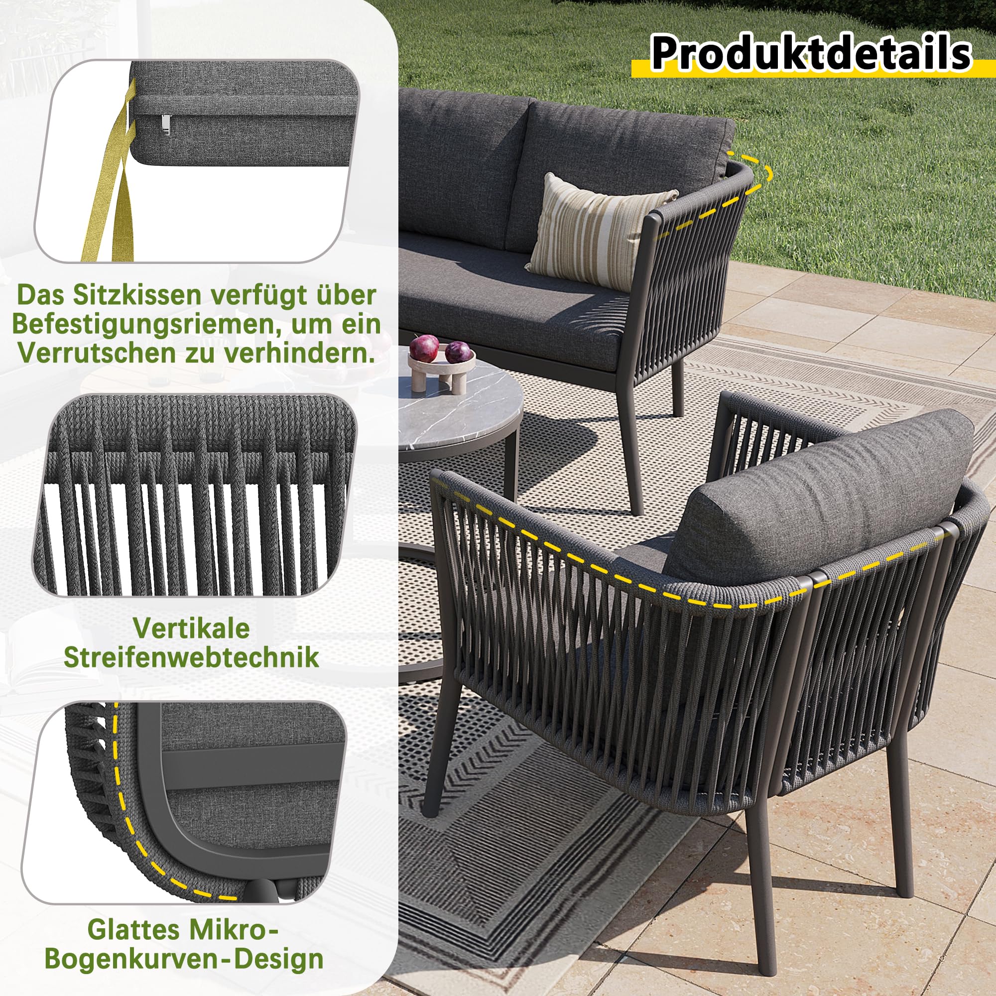 Set da giardino modulare 6 pezzi divano con panca impermeabile cuscini grigio 5-6 persone