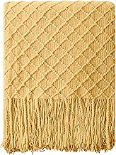 NTBAY Acrylic Knitted Throw Blanket, Lightweight and Soft Cozy Decorative Woven Blanket with 18 cm Tassels for Travel, Couch, Bed, Sofa, 130x170 cm, Yellow Grid