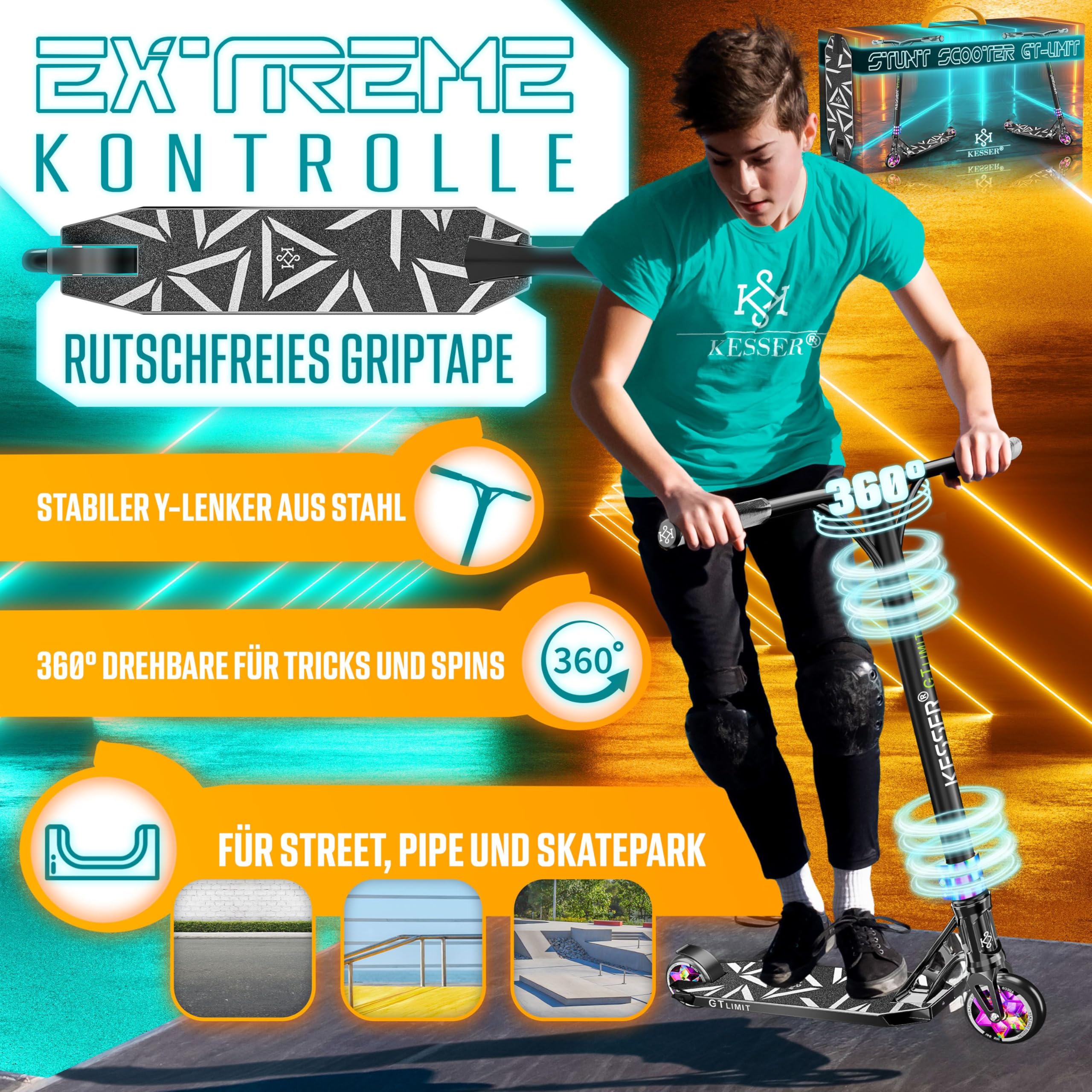 KESSER® Stunt Scooter GT-Limit 360° Lenkung Funscooter Stuntscooter mit Ständer ABEC 9 Kugellagern, 110 mm PU Räder, Kickscooter Tretroller Cityroller Trick Roller für Kinder Erwachsene