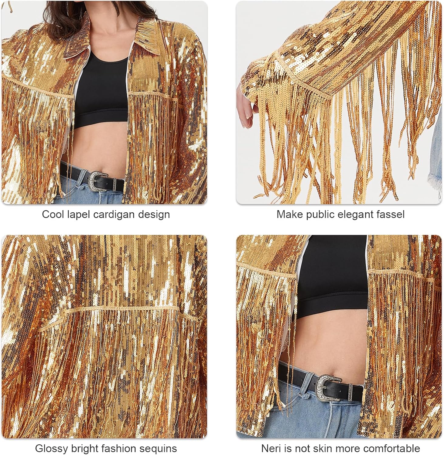 MISI CHAO Sequin Fringe Jacket Shiny Disco Cowgirl Outfit Theme Y2K 90s Streetwear Jacket Glitter Tassel Coat - Image 8