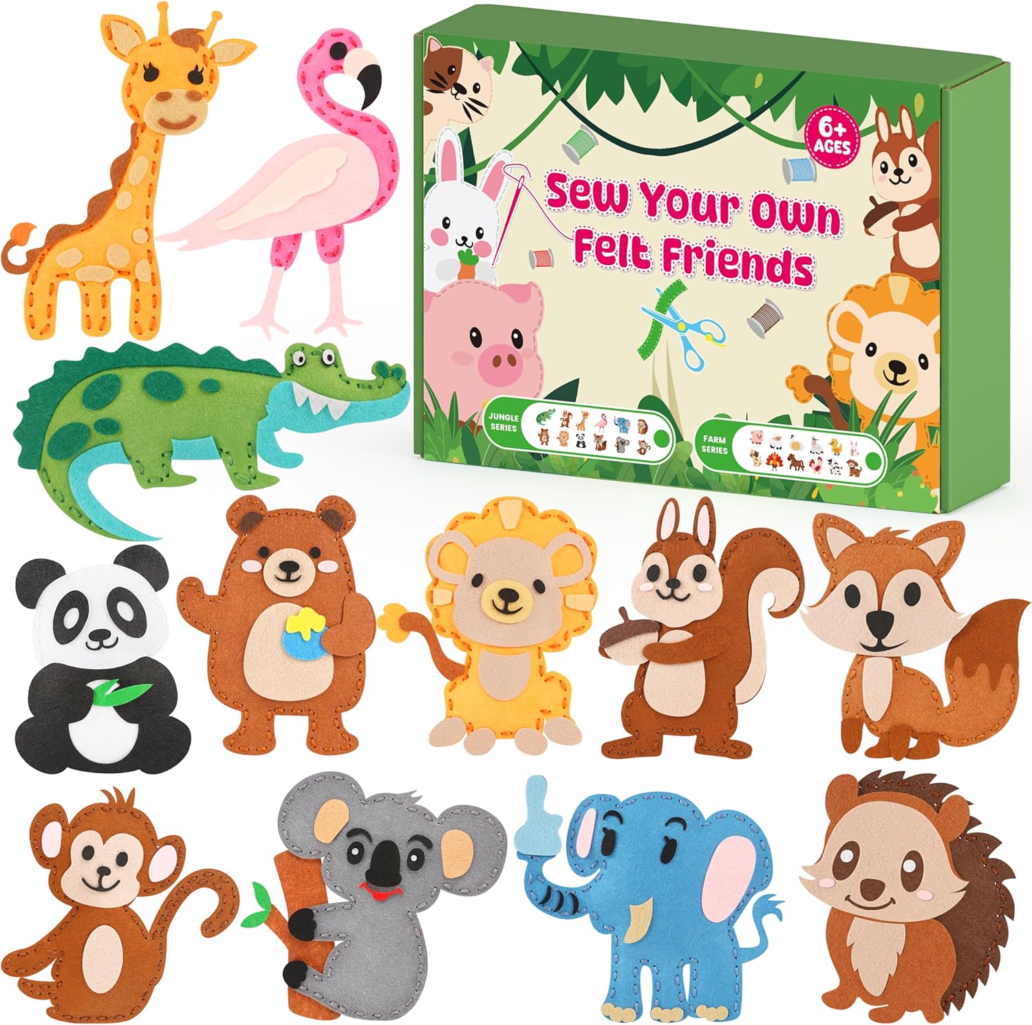YEETIN Sewing Kit for Kids Ages 6+, Beginner Felt Sewing Craft Kit, DIY Jungle Stuffed Animals Making Set, Learn to Sew Gifts for Birthday