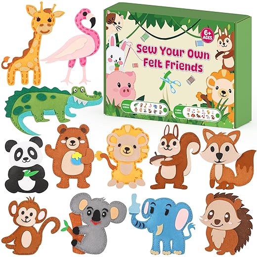 YEETIN Sewing Kit for Kids Ages 6+, Beginner Felt Sewing Craft Kit, DIY Jungle Stuffed Animals Making Set, Art Projects for Girls Toys, Learn to Sew Gifts for Birthday Christmas