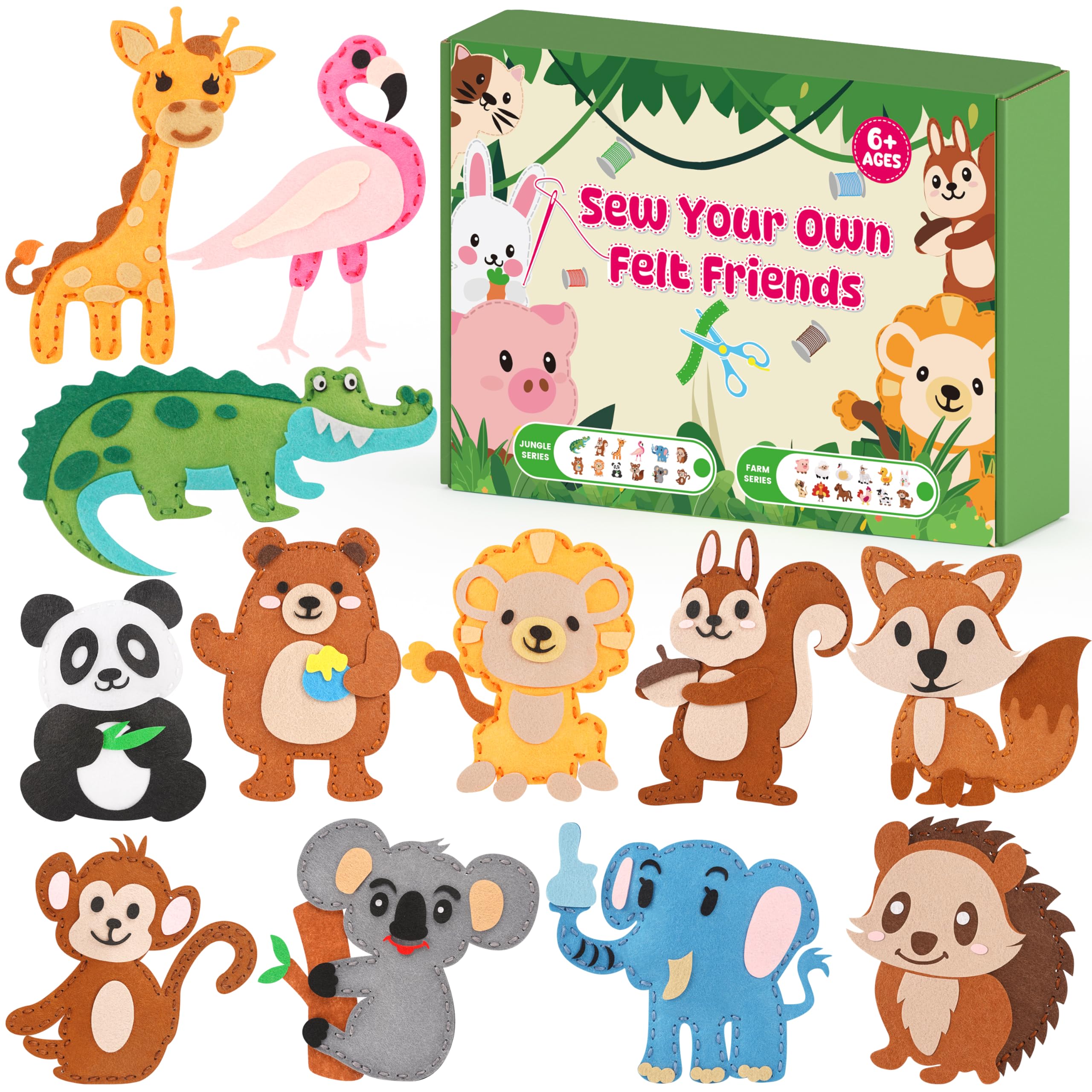 YEETIN Sewing Kit for Kids Ages 6+, Beginner Felt Sewing Craft Kit, DIY Jungle Stuffed Animals Making Set, Learn to Sew Gifts for Birthday