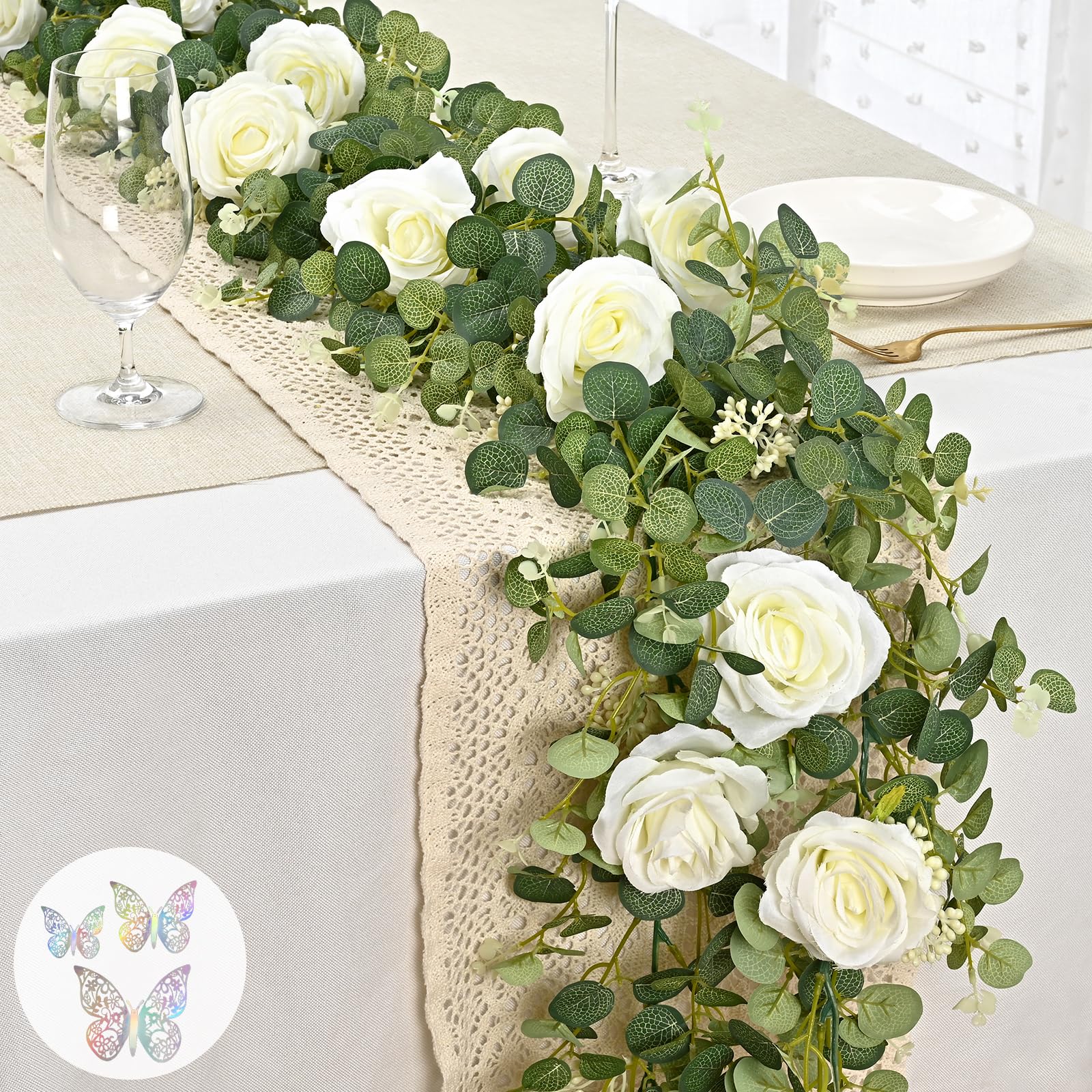 Yastouay 6.4 Ft Fuller White Flower Garland with Butterfly, Artificial Eucalyptus Garland with Flowers Fake Rose Vine for Table Centerpiece Wedding