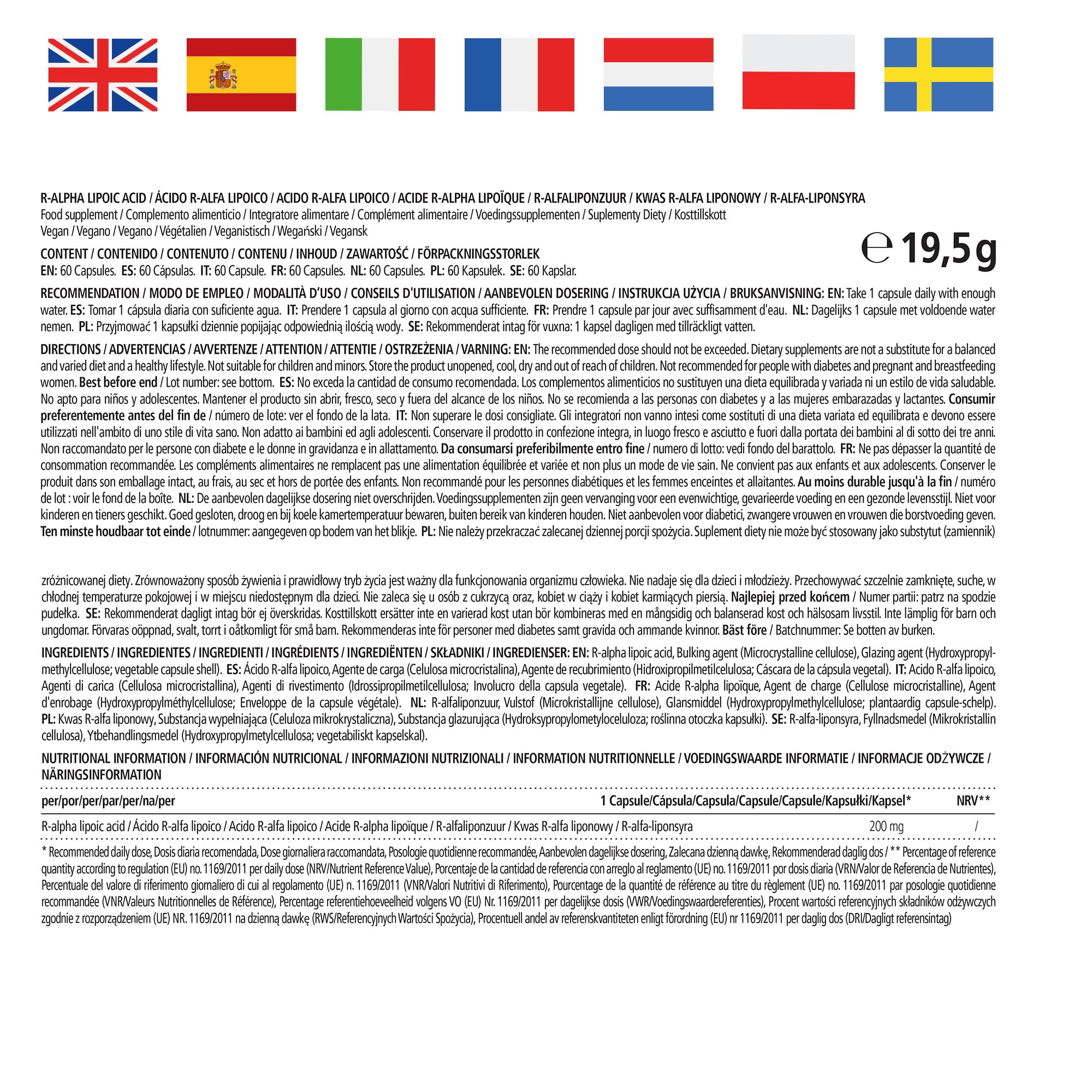 Acide Alpha-Lipoïque à Haute Dose, 200 mg par Capsule, Vegan, 60 Gelules pour 2 Mois, Forme Naturelle D'Acide Thioctique, Complément Alimentaire sans Additifs Inutiles