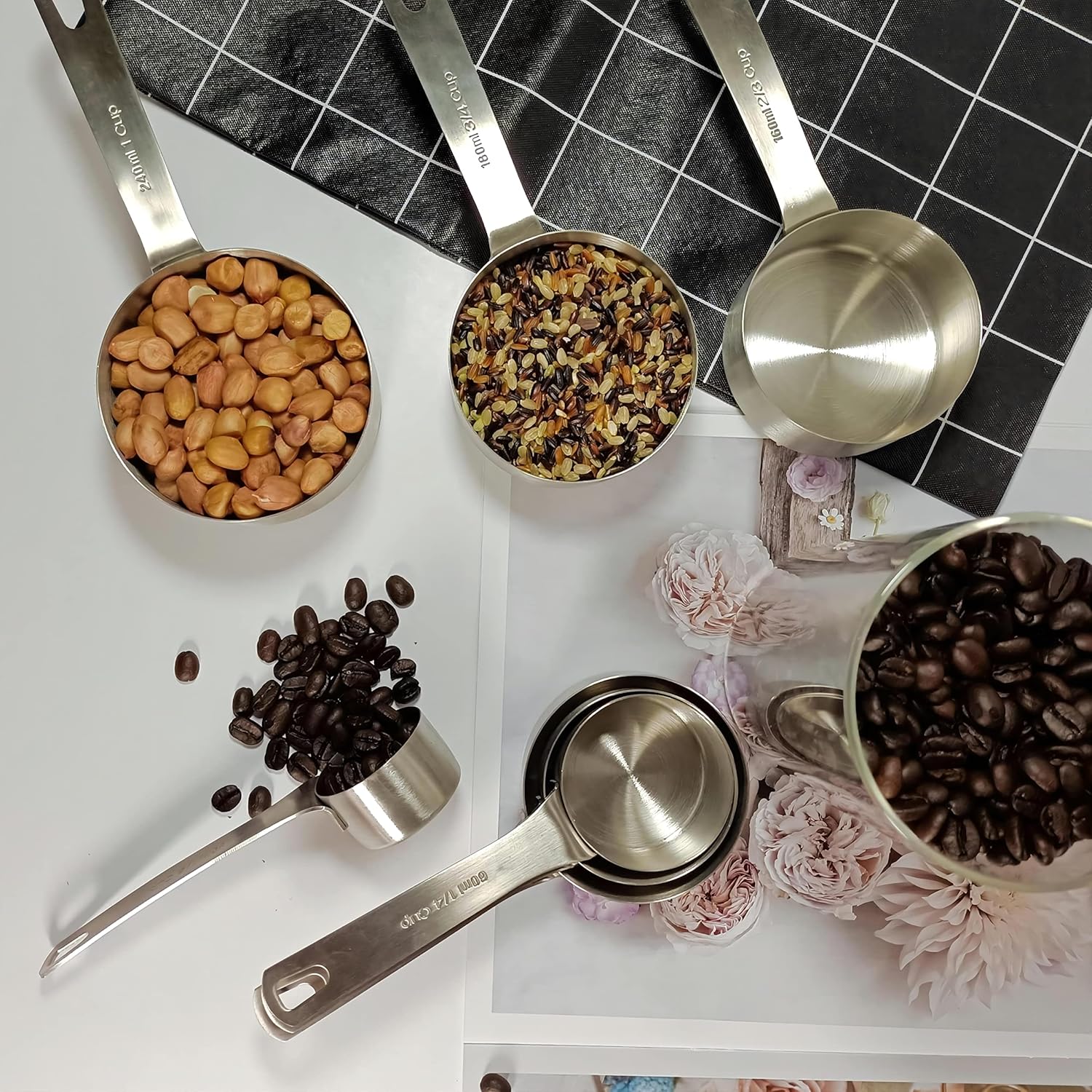 Measuring Cups Set, 18/8 Stainless Steel Measuring Cups for Dry & Liquid, Metal Measure Cups With Bonus Magnetic Conversion Chart for Kitchen & Baking